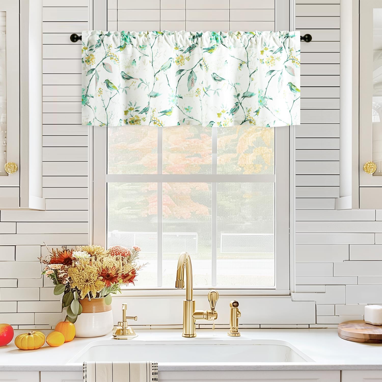 VOGOL Birds Print Valances for Windows, Linen Textured Privacy Valance Curtains for Dining Room, Decorative Window Treatment for Farmhouse, 60Wx18L,