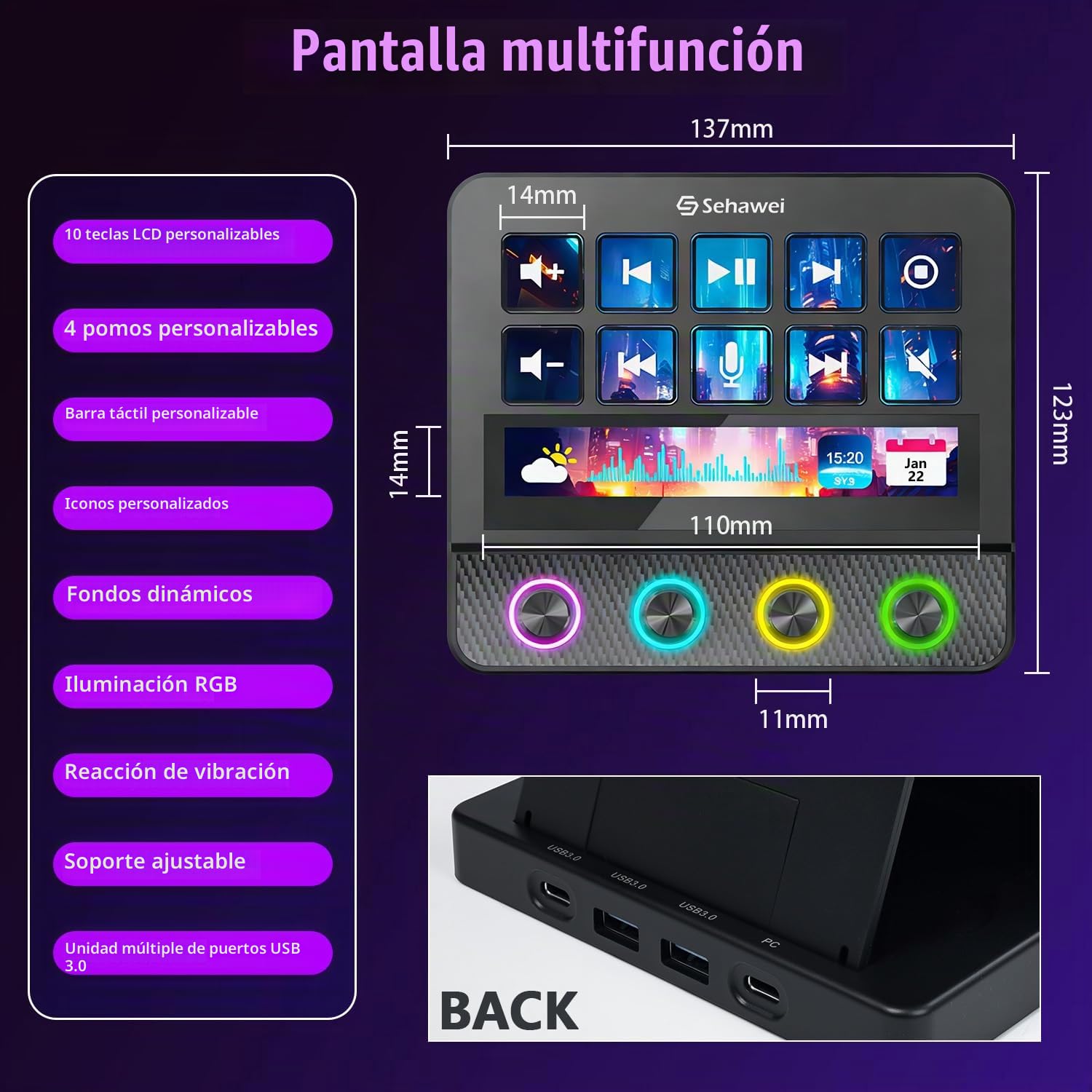 Sehawei Stream Controller Deck,Controlador de estudio, funciona en Mac y PC | 10 teclas macro,4 Customized knobs,Touch screen,activa acciones en apps y software como OBS, Twitch, YouTube y otros