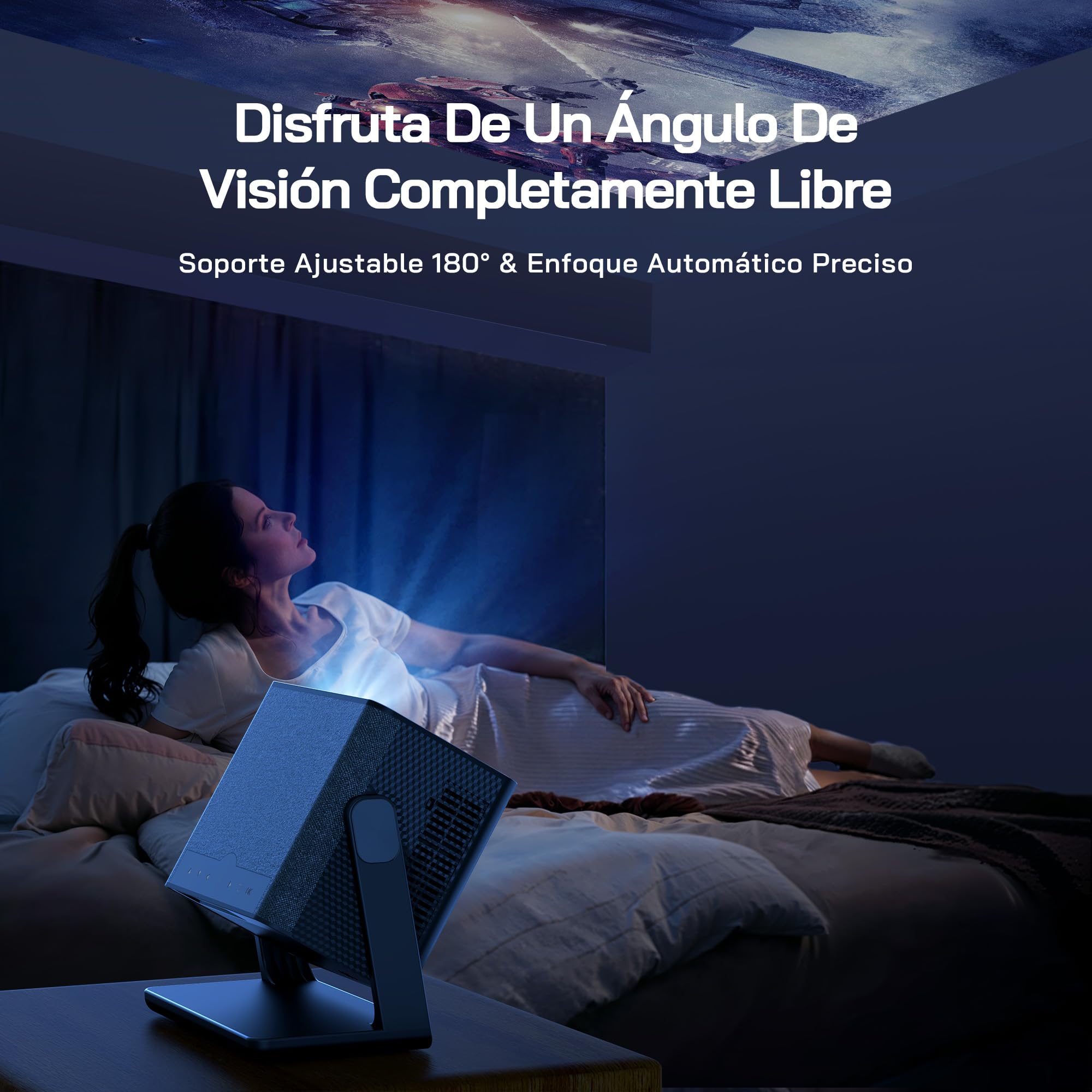 WOLFANG Proyector Portátil 4K, 28000 Lúmenes, Apps Integradas, WiFi/Bluetooth, Enfoque Eléctrico y Corrección Keystone Automática, Rotación 180°, Mini Proyector para Cine en Casa, HDMI