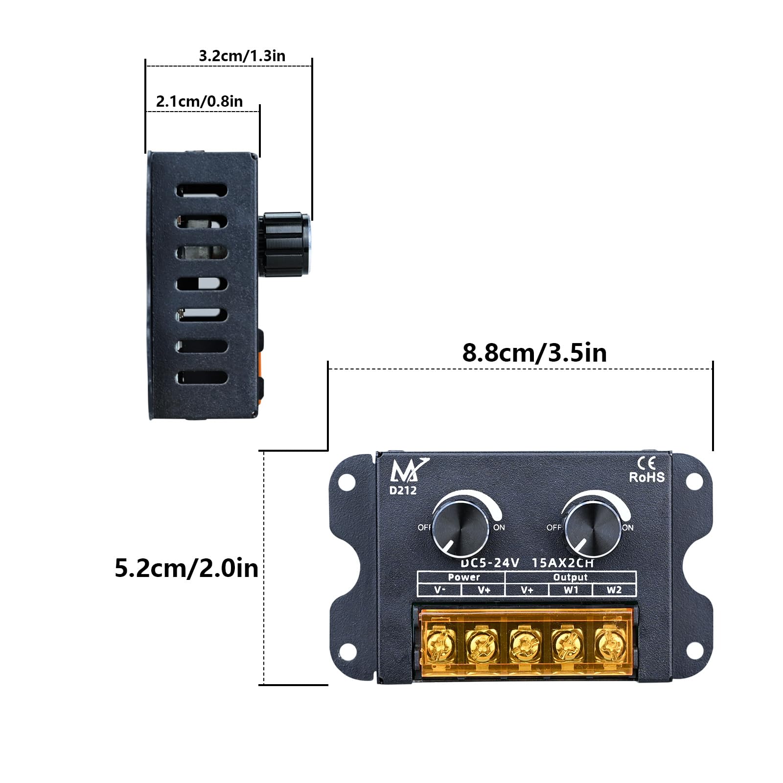 TOPAI Dual Knob LED Strip Dimmer, Independent 2 Channel Control, PWM Dimming Controller, Output DC 5V-24V Max 30A - Image 3