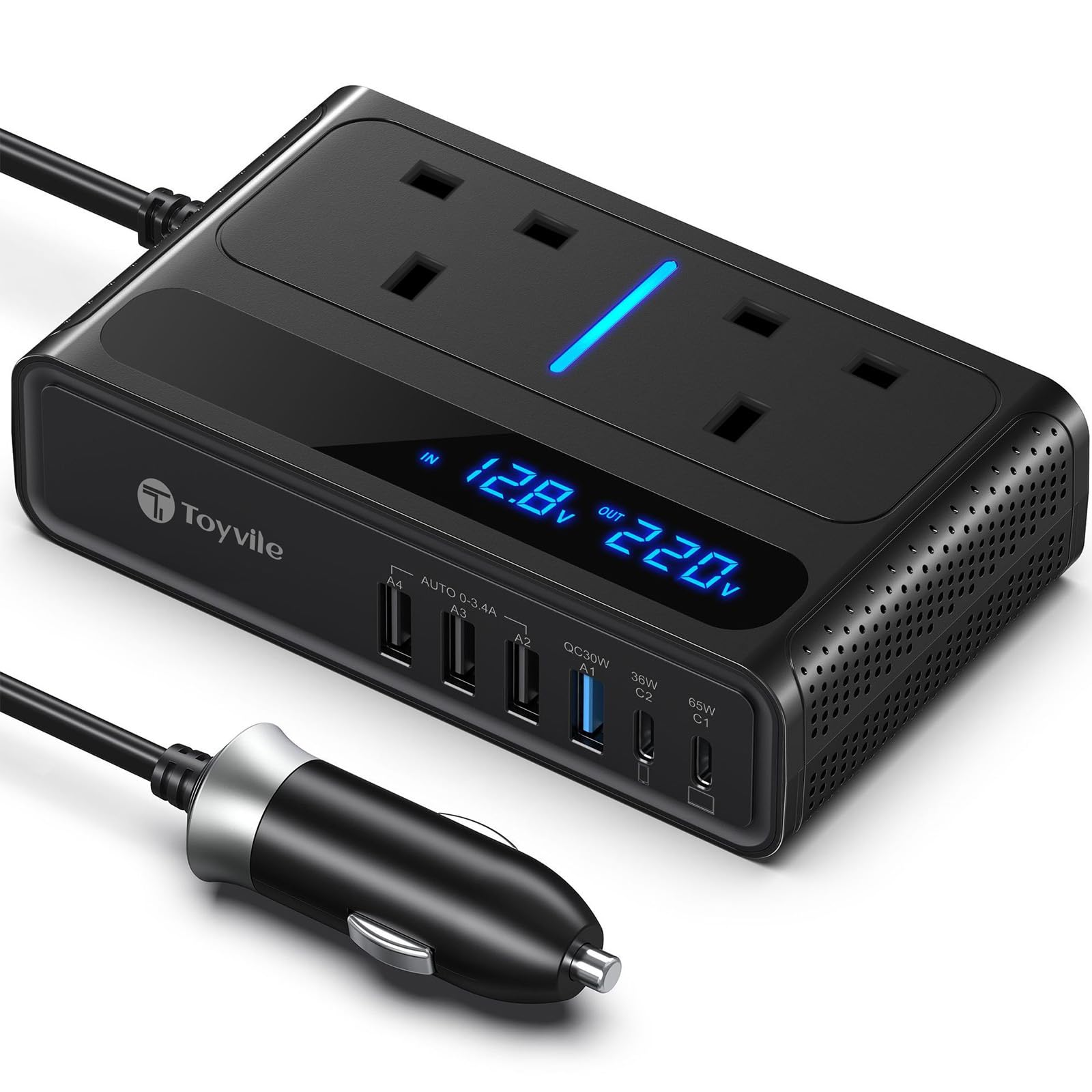 8 in 1 200W Car Power Inverter 12V to 240V / 230V with 2 Sockets, 4 USB Ports and 2 Type-C Ports,Fast Charging Car Voltage Converter Inverter,with Cigarette Lighter Plug,Suitable for Laptops, iPads