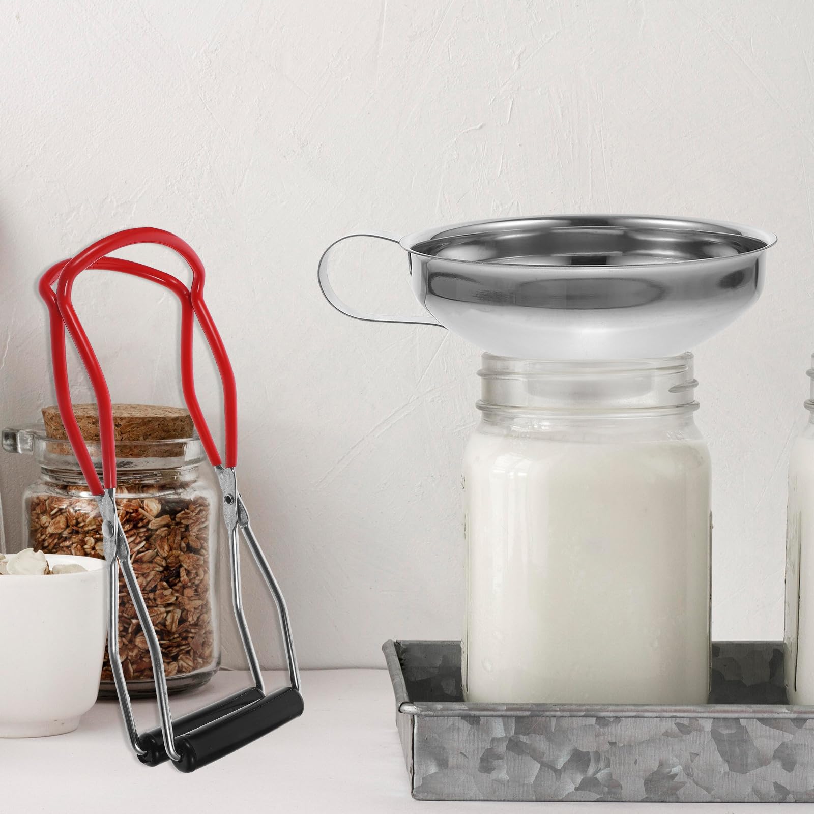 Ciieeo Set Pinze per Conserve in Acciaio Inox 4 Pezzi Impugnatura Antiscivolo, Sollevatore e Imbuto per Inscatolamento Barattoli, Utensili da Cucina per Preparazione Conserve Casalinghe