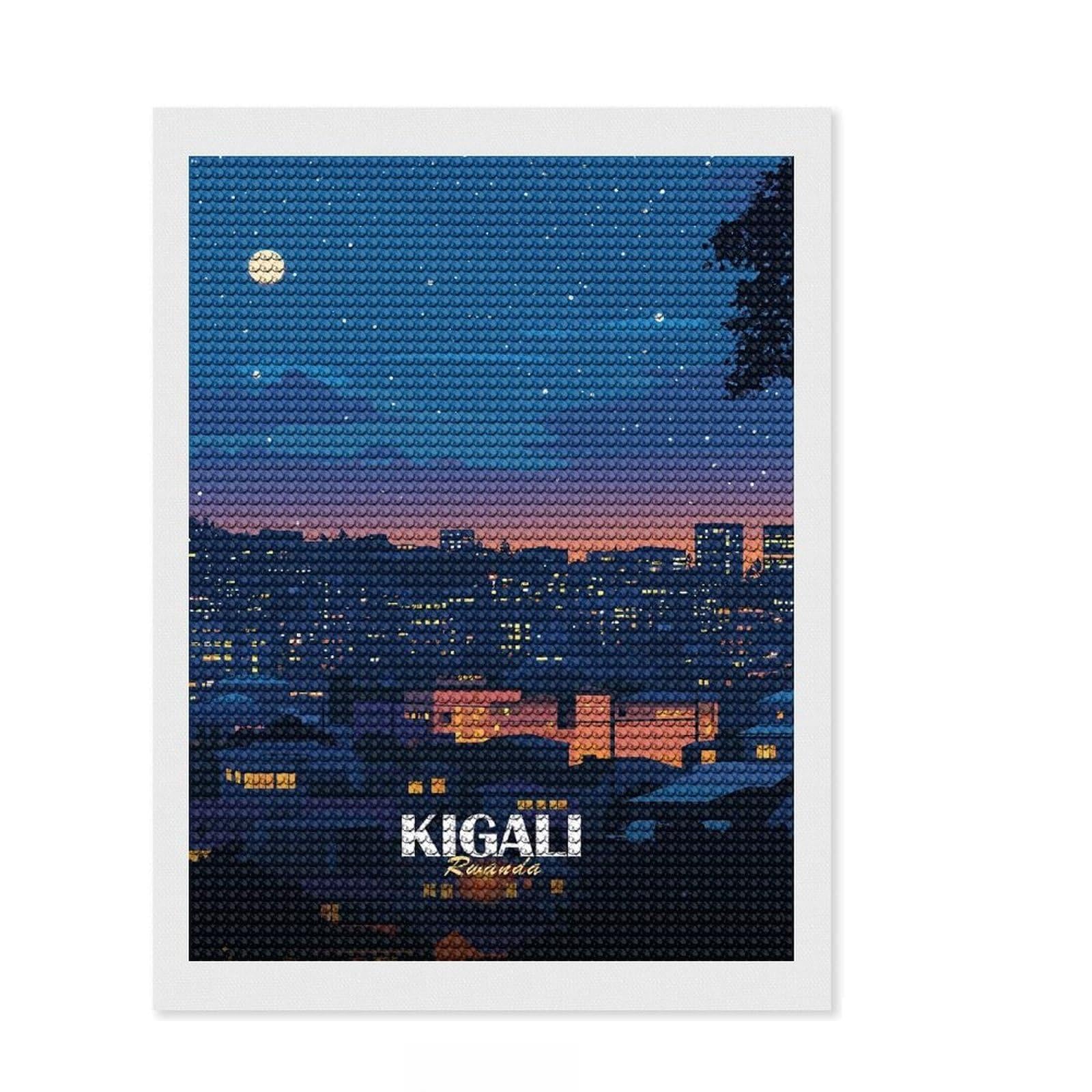Junmoney Kigali Rwanda Cityscape at Night Diamond Art Canvas 12"x16", Birthday Gift, for Adults, Creative Leisure Activity, Aesthetic Room Decor