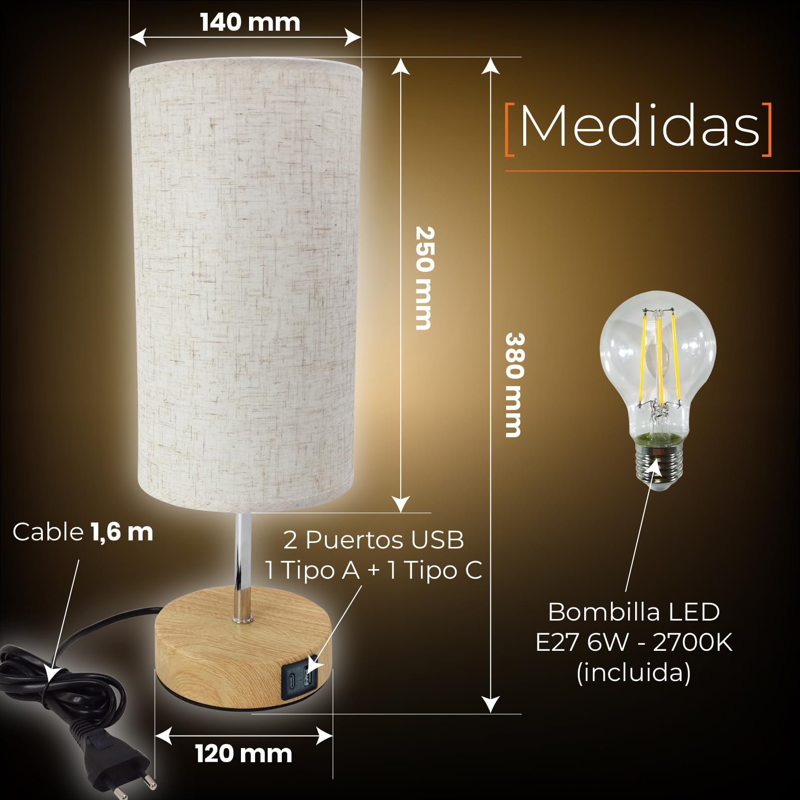 LED ATOMANT 2x LED-Nachttischlampe Beige Taktil Dimmbar 2 USB A+C
