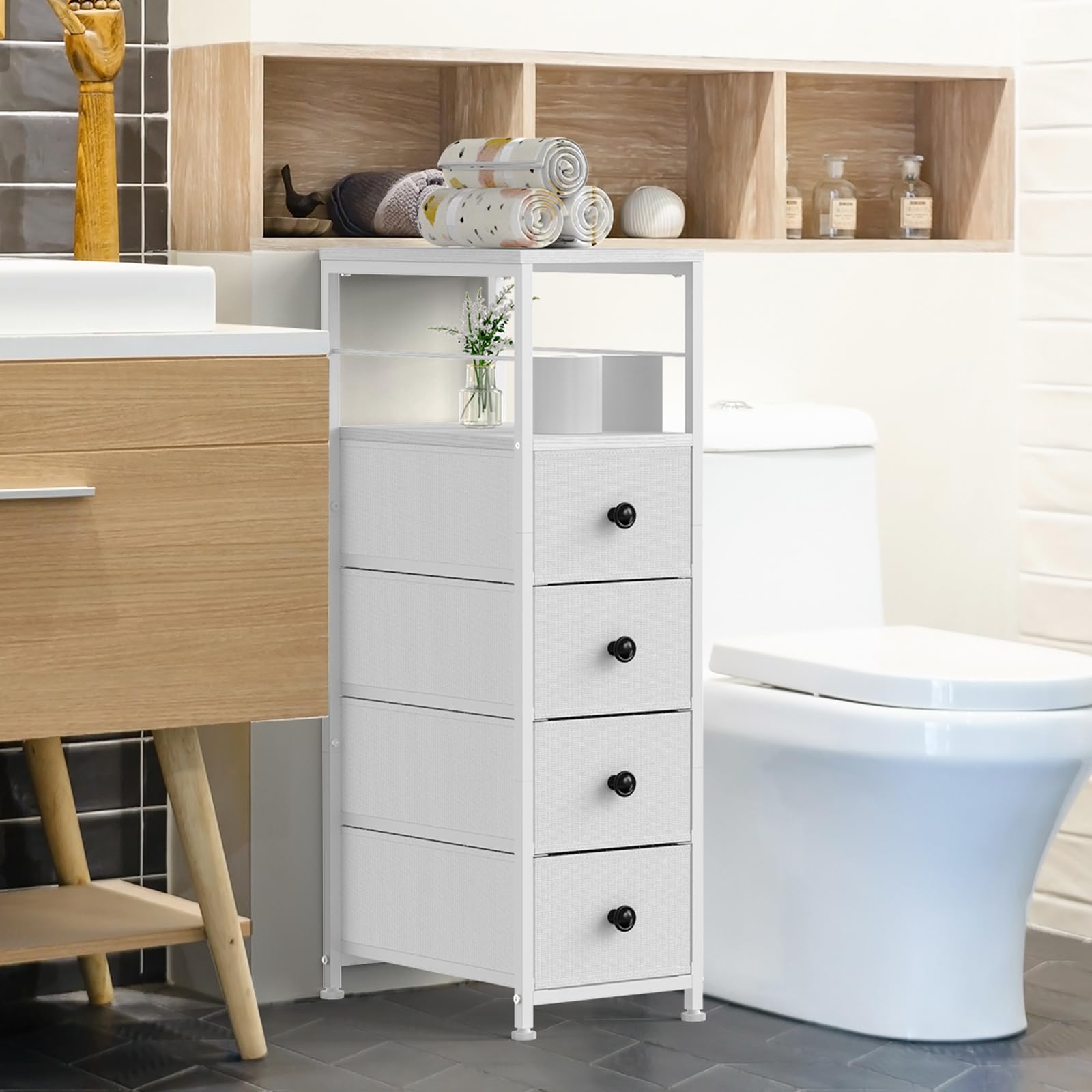 CADUKE Comò stretto in tessuto con 4 cassetti – Cassettiera per spazi ridotti, camera da letto, bagno o soggiorno – Struttura in metallo e piano in legno (bianco)