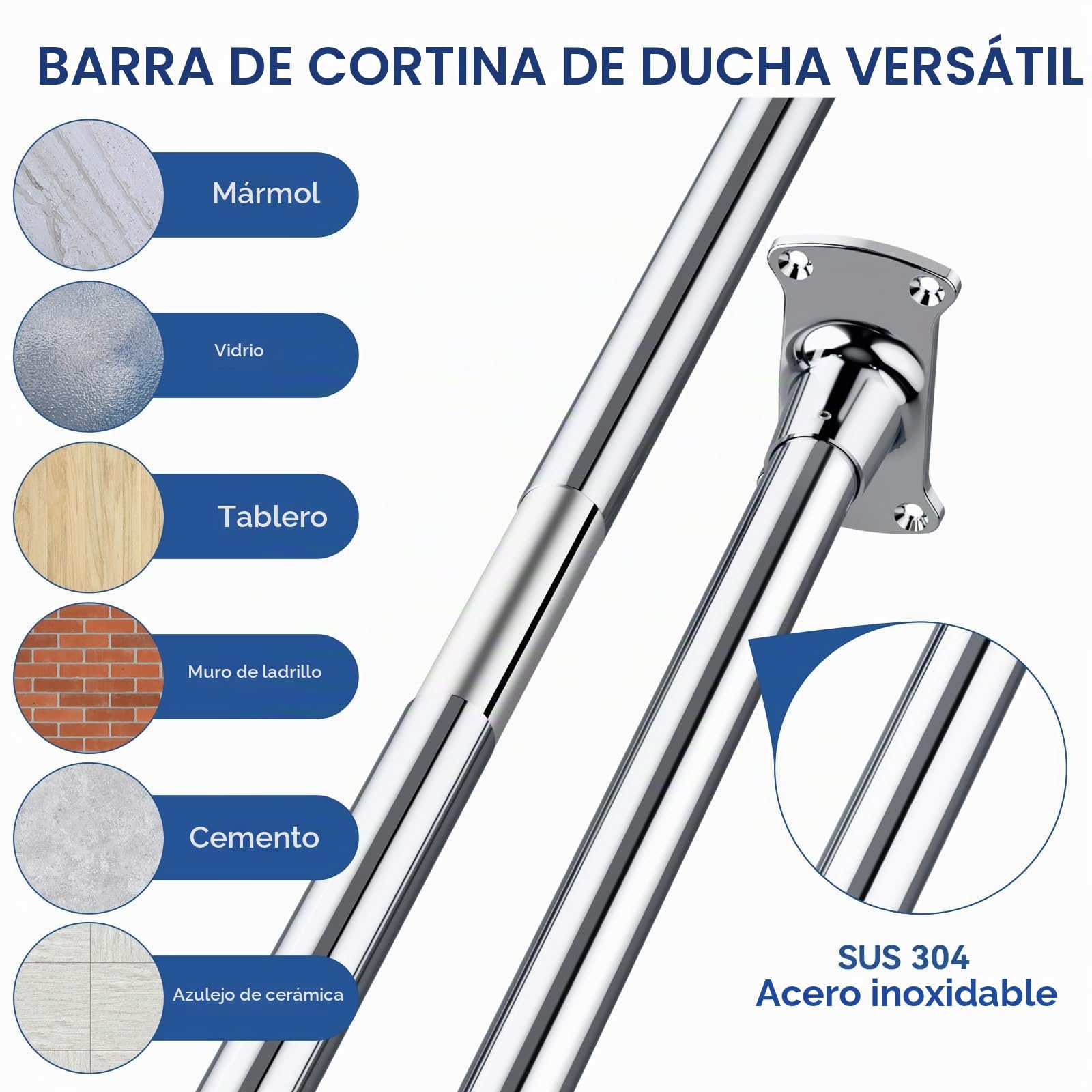 Barra de cortina de ducha en forma de U/L, [80-90] × [160-180] × [80-90]cm | Barra de ducha esquina de acero inoxidable SUS304, barra de ducha ajustable con soporte de techo, incluye 22 anillos