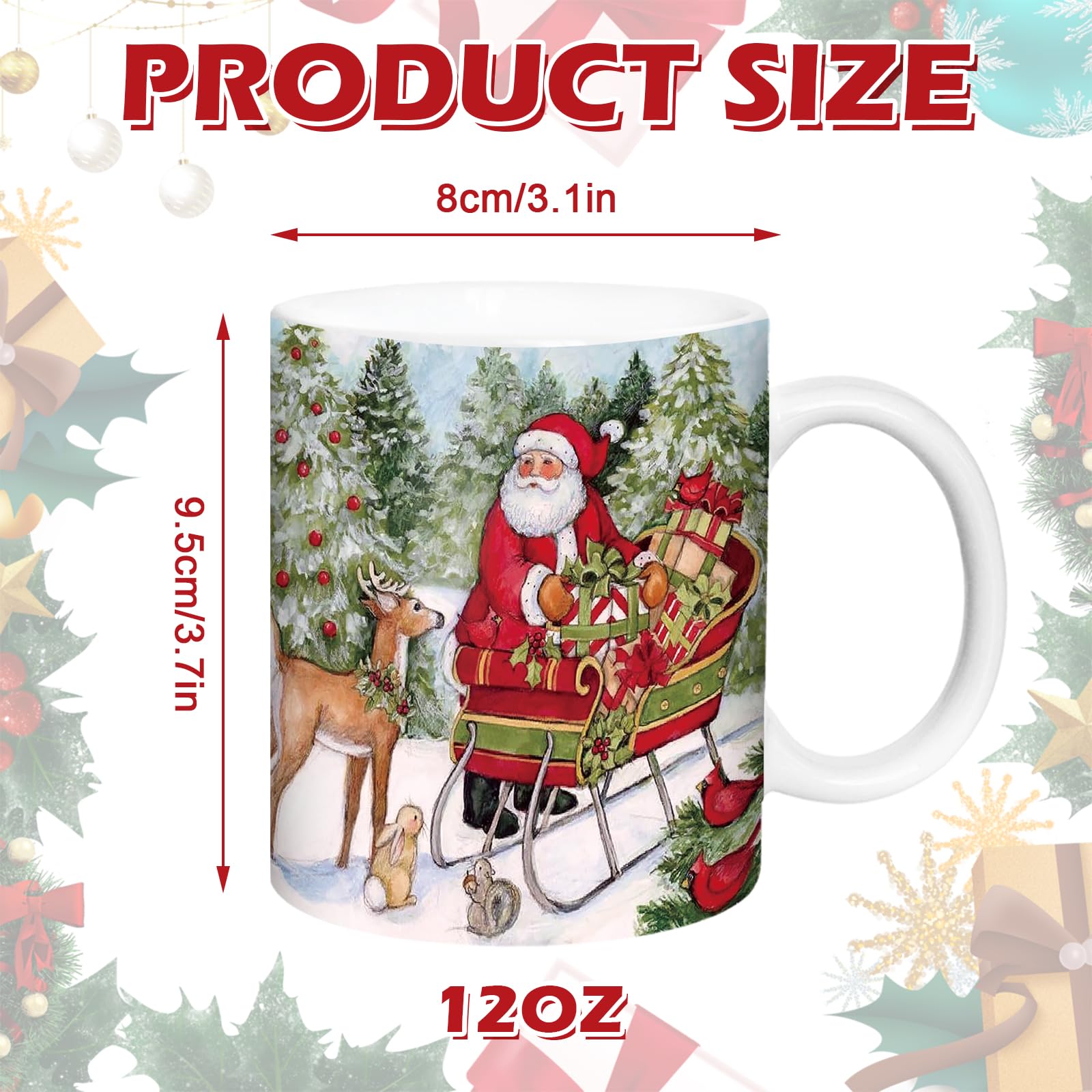 Whaline Lot de 4 tasses de Noël vintage de 355 ml, motif Père Noël, bonhomme de neige, tasse à café en céramique pour fête de Noël pour la maison, l'école, le bureau, cadeau de pendaison de