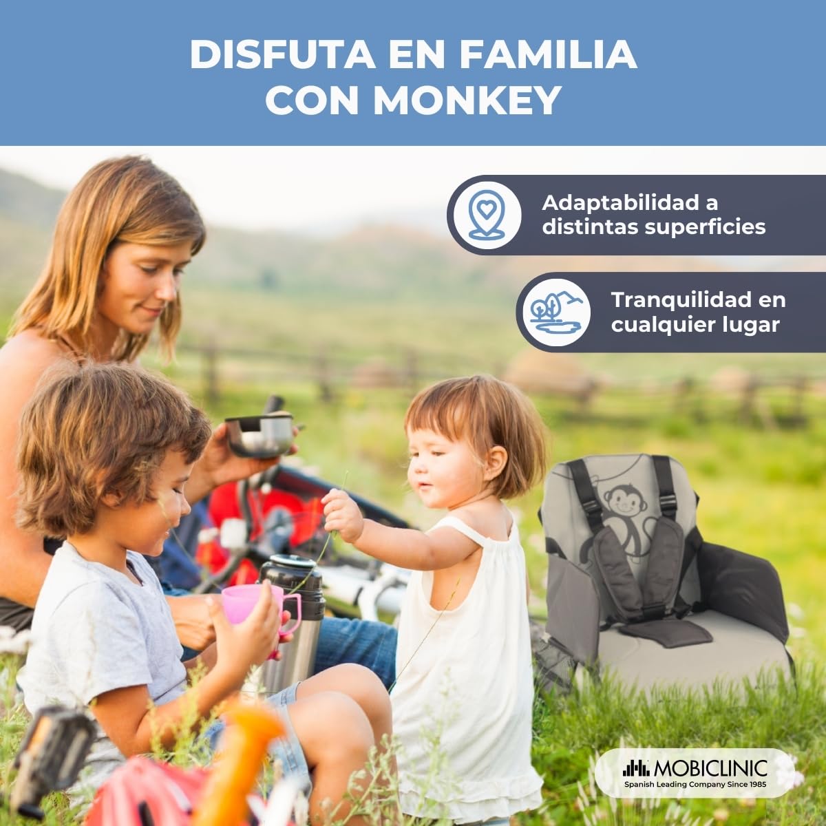 Mobiclinic ®, Trona portátil bebé, Monkey, De viaje, 6 a 36 meses, Hasta 15kg, Plegable, Arnés ajustable 5 puntos, Con almacenamiento, Silla bebe, Color gris