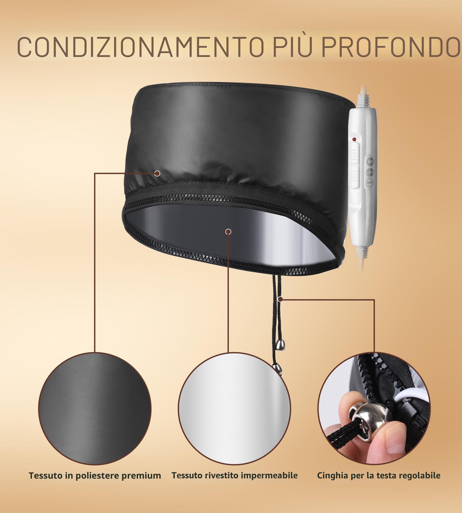 Cuffia Termica per Capelli, Cappello termico per Capelli Elettrico, Cuffia Cappuccio con 2 modalità di temperatura per Hair Cura Casa, salone (Nero)