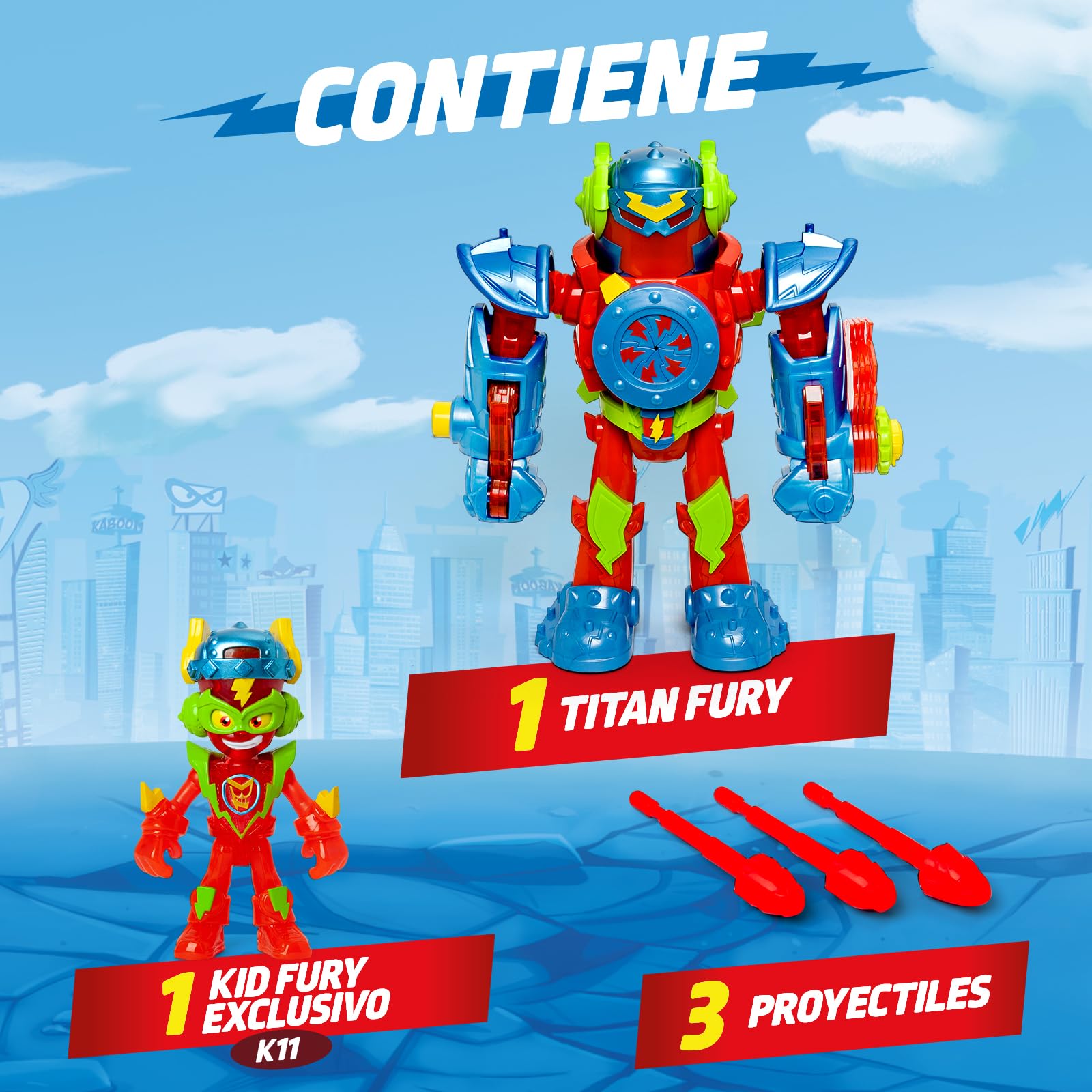 SUPERTHINGS KAZOOM Power–Titan Fury.Robot Titan Fury de Kid Fury de la Serie de TV “Superthings Kazoom Power”.con Espada,Escudo,alas y Disparador. Contiene Robot,Kid Fury Exclusivo y 3 Proyectiles