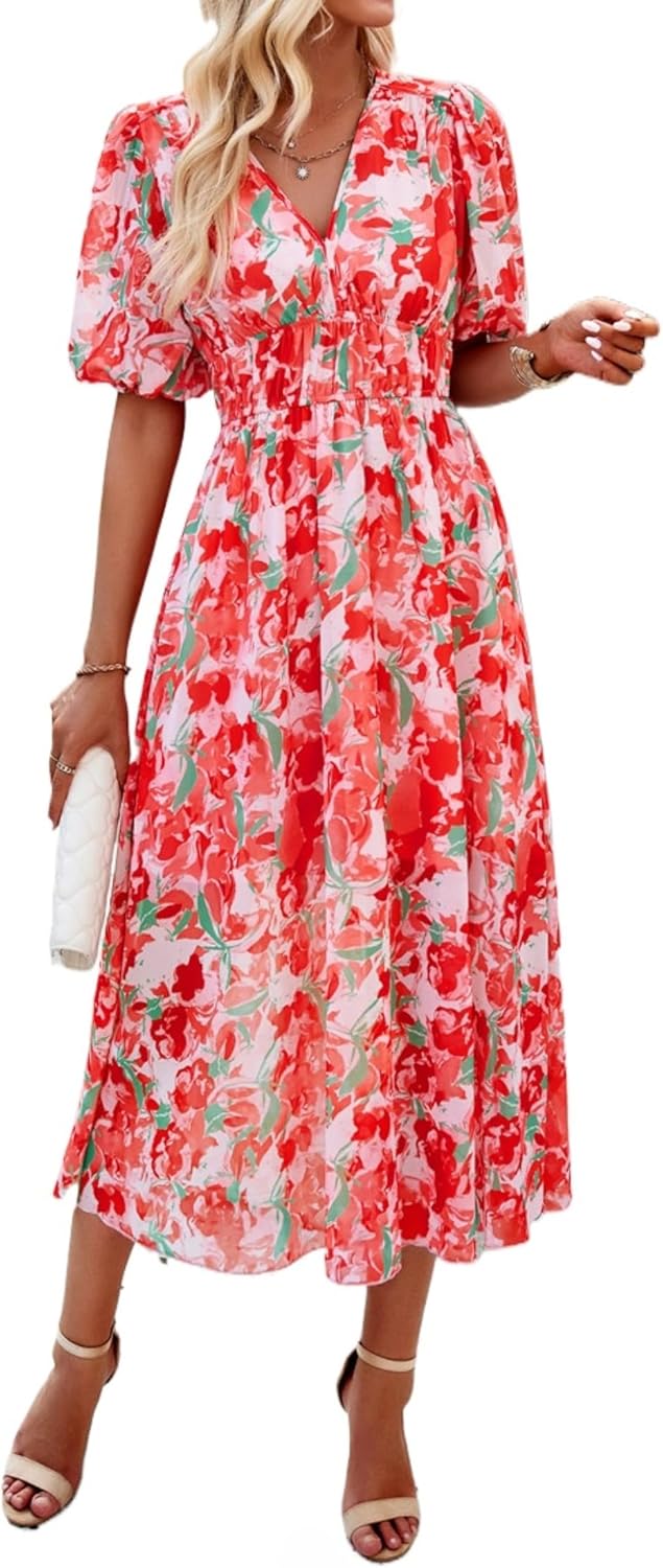 Spring Summer Floral Dresses for Women 2026 Chiffon Empire Waist Puff Sleeve Midi Beach Sundress Boho Vacation Outfits