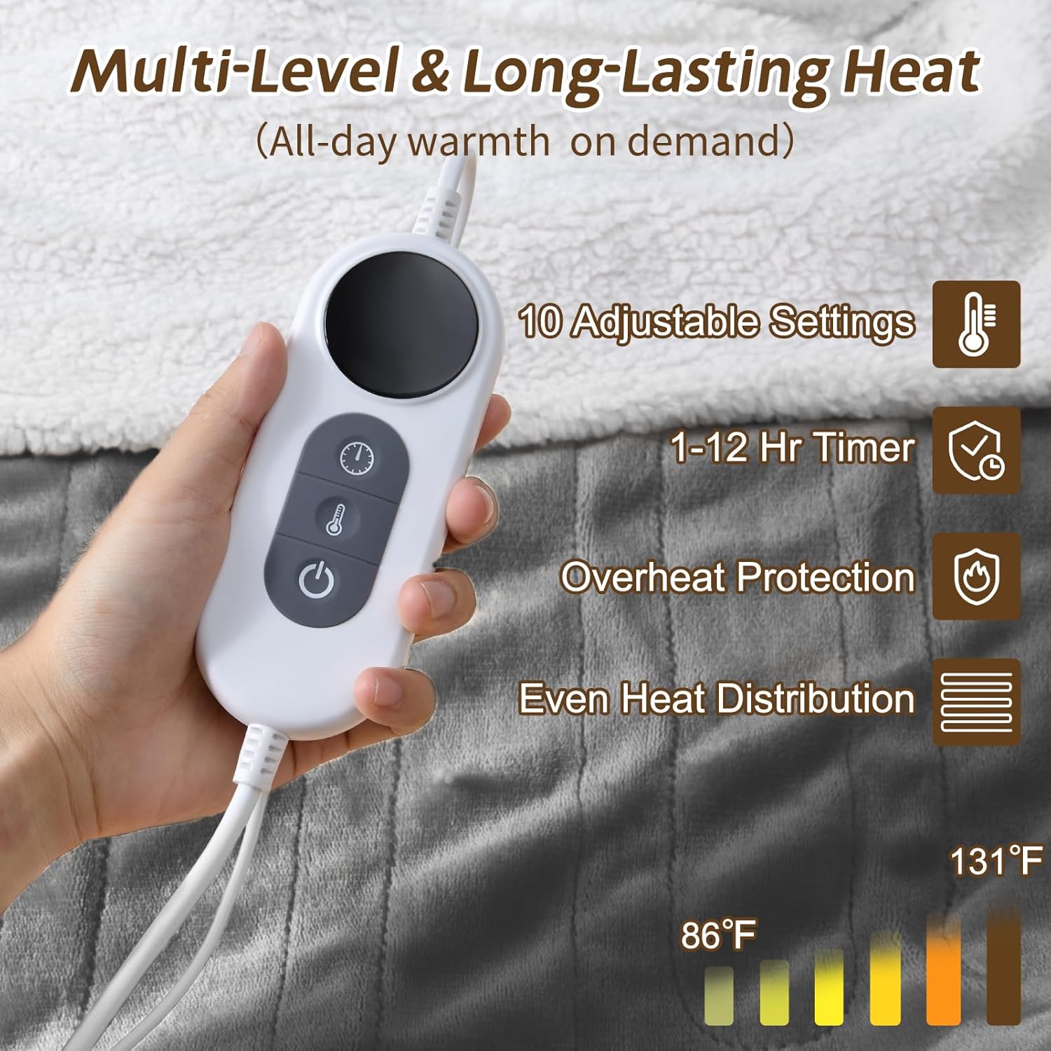 Electric Heated Robe Blanket with 10 Heat Settings & 12-Hour Timer, Wearable Sherpa Blanket with Foot Pocket and Sleeves, 50" x 70" + 18" Foot Cover, Grey - Image 2