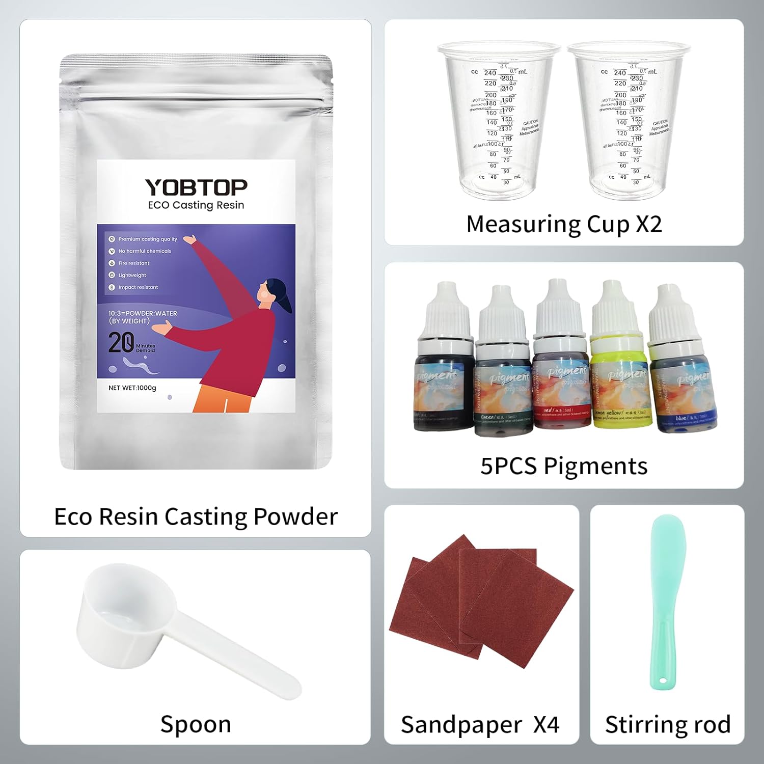 YOBTOP Resin Casting Powder 3000g with 5 Pigments - Fast Cure Eco Plaster Kit, Water Activated, 30 Min Demold for Beginners, Self-Leveling for DIY Crafts, Molds, Home Decor Gifts