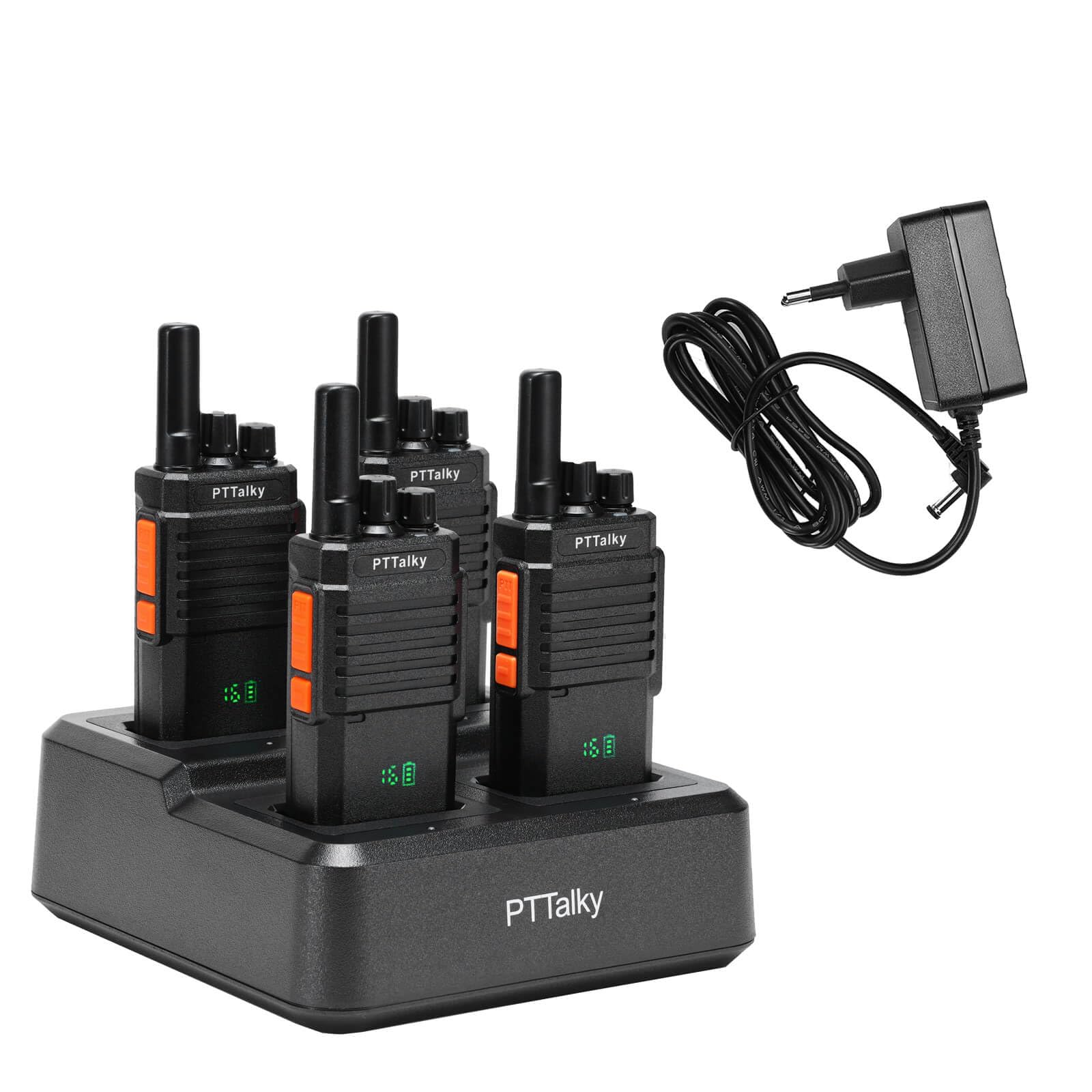 PTTalky PR2 Plus Talkie Walkie avec écran Professionnel avec Chargeur à 4 | Longue Portée Walkie Talkie pour hôtels Restaurants Sécurité 4 Pièces