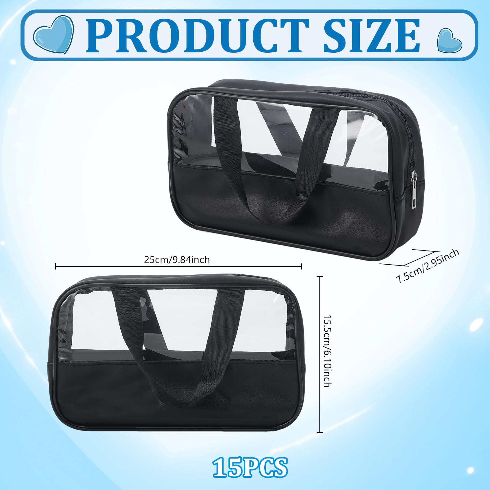 15 bolsas de maquillaje de PVC transparente, organizador de viaje impermeable con asa para colgar, Black, Clásico