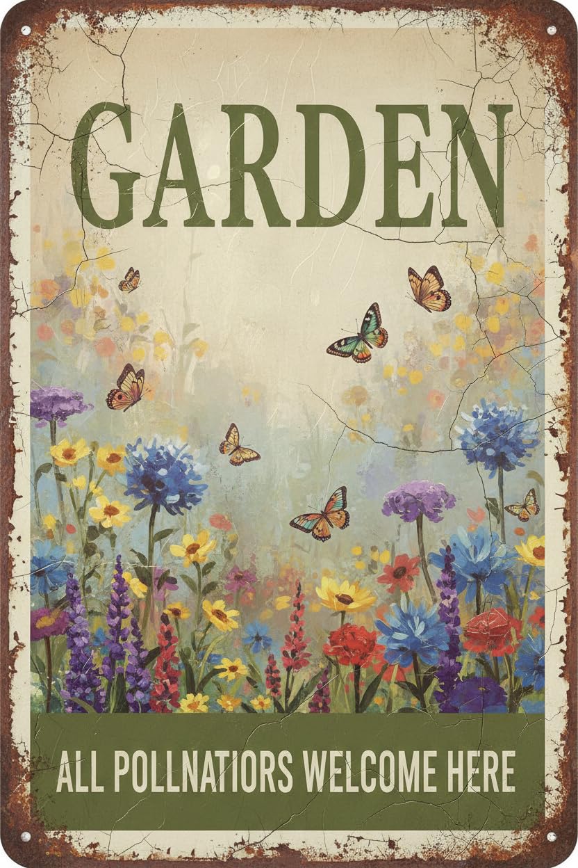 Butterfly Flower All Pollinators Tin Sign, 8x12 Inch