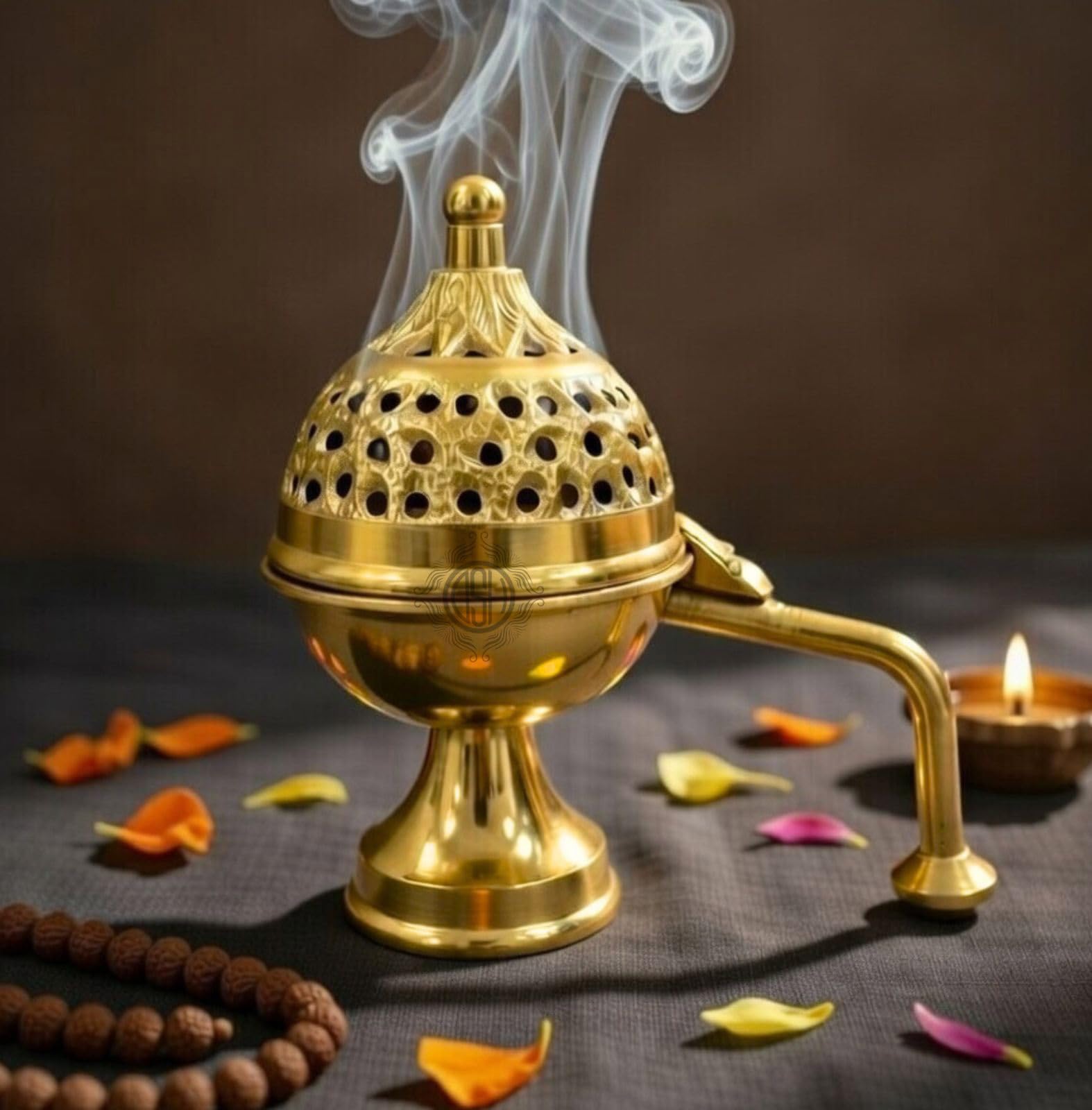 DSH CRAFTING YOUR CURIOSITY Dsh Home Purifying Brass Dhuna Loban Burner Dhooni Dhoop Dani Dhuni Brass Table Dhoop Dani Incense Burner for Loban. (Gold)