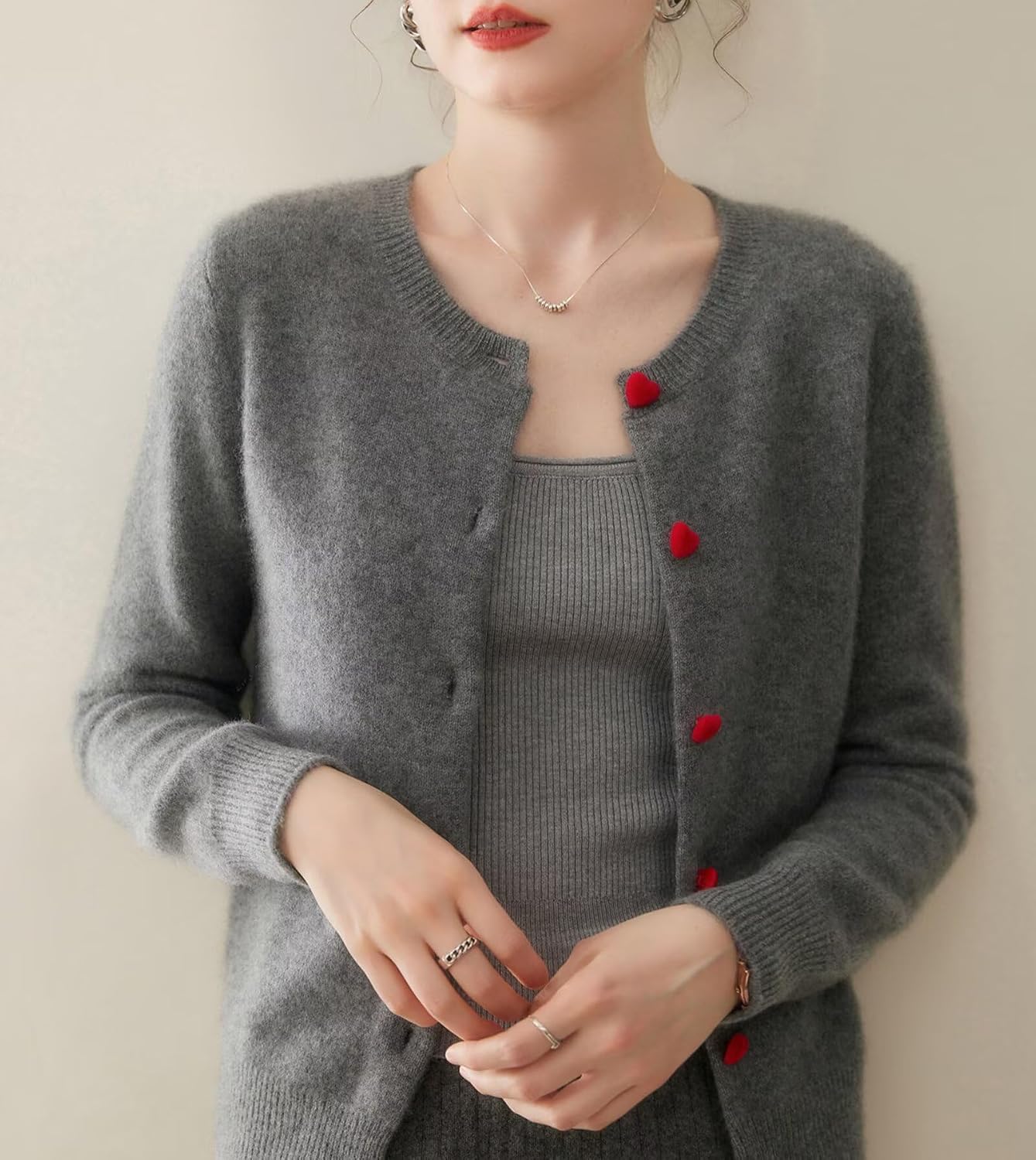 HNVAVQ 100% Pure Cashmere Cardigan Sweater for Women - Luxury Crewneck Long Sleeve Button Front Coat Pullover image 3