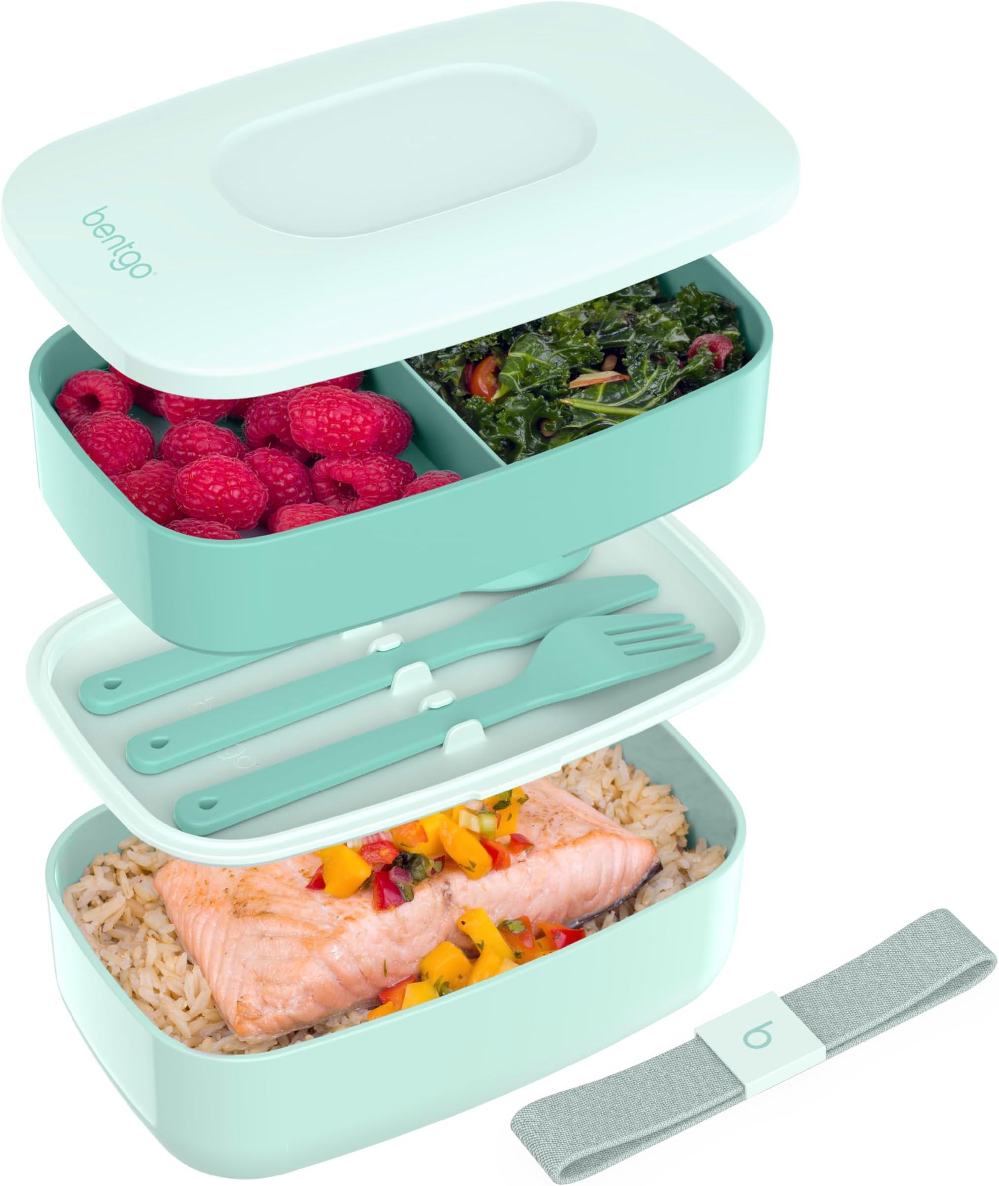 Classic - Adult Bento Box, All-in-One Stackable Lunch Box Container with 3 Compartments, Plastic Utensils, and Nylon Sealing Strap, BPA Free Food Container (Coastal Aqua)