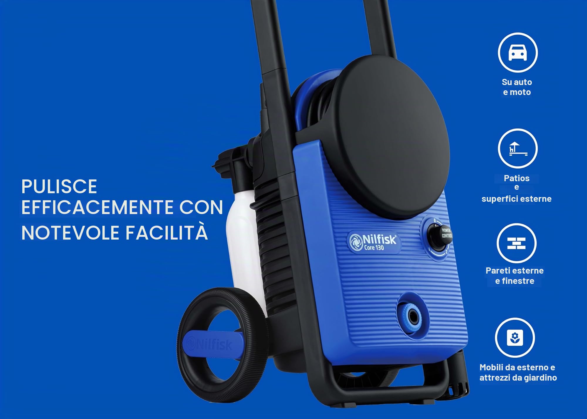 Idropulitrice Nilfisk Core 130 Bar con PowerControl + Spruzzatore di Schiuma - Per Piccoli Patii e Automobili (1500 W)