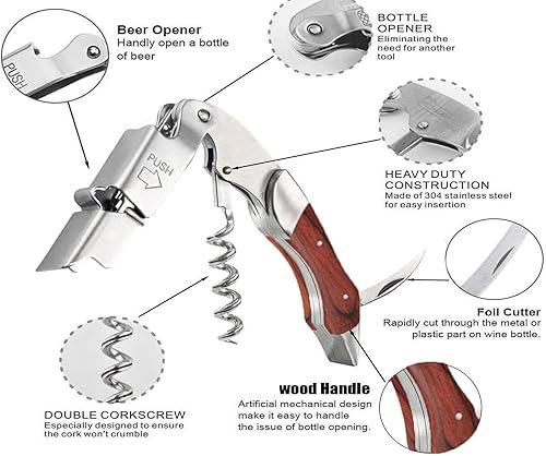 Miniatura 3 de Sacacorchos profesional para camareros - Juego de 3 llaves de vino para camareros, con mango largo de palisandro mango de acero inoxidable, abridor