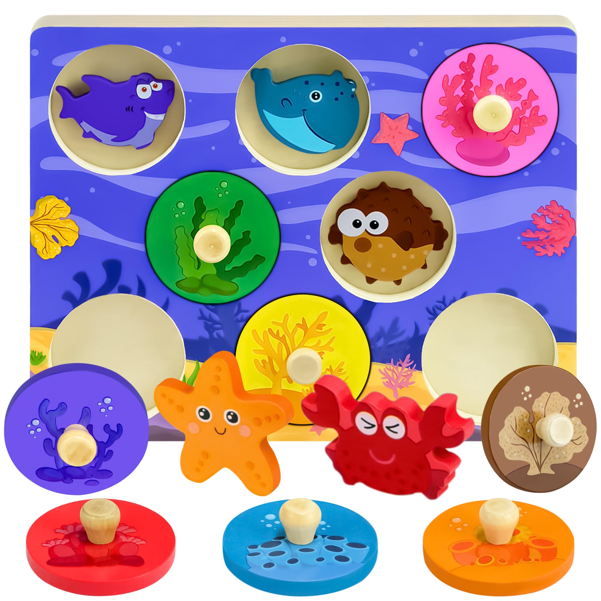 Peg Puzzles Wooden Montessori Toys for Toddlers 1 2 3, Wooden Shape Peg Puzzles for 1 2 Year Old Boys Girls, Educational Learning Toy for Kids, Puzzle Easter Gifts for 12-18 Months Baby [Ocean]