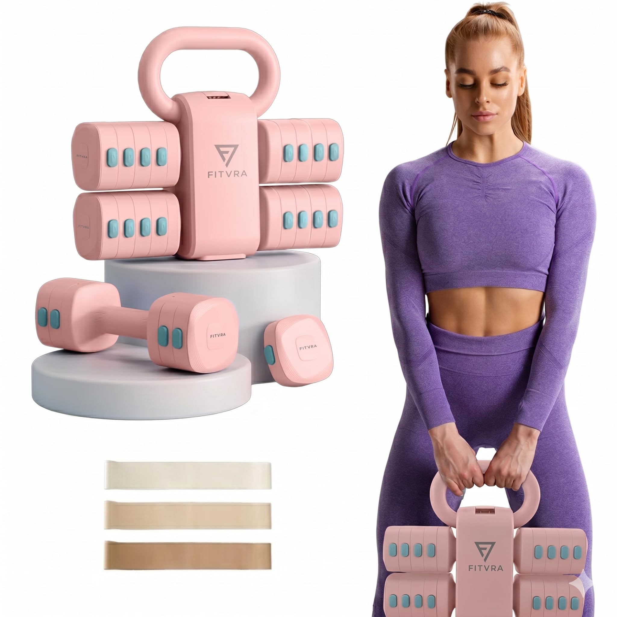 Verstellbare Hanteln 2 in 1, Hantel Set und Kettlebell | Kurzhanteln für Home Gym: 1-3 kg, Kettlebell 2,5-6,5 kg und 3 Widerstandsbänder