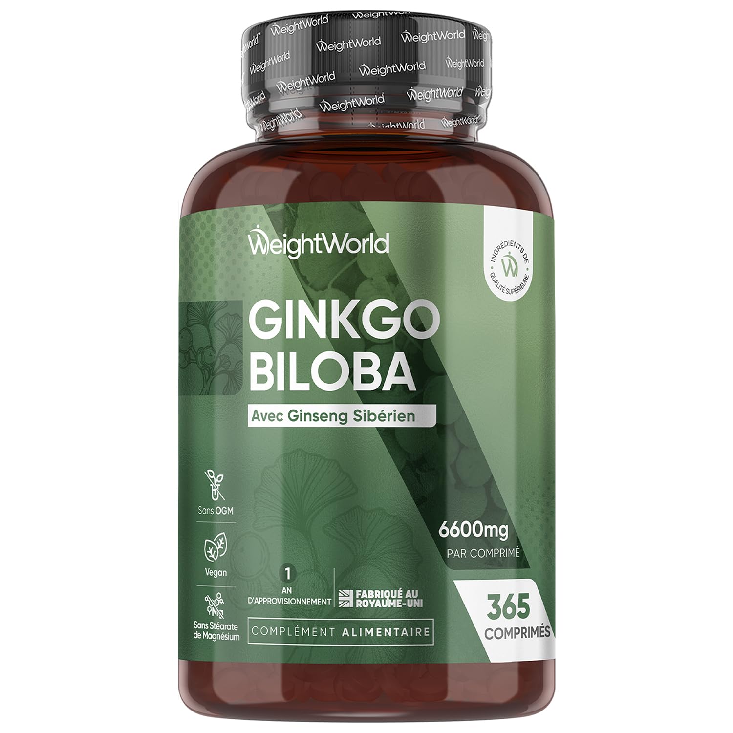 Ginkgo Biloba 6600mg avec Ginseng Sibérien, 365 Micro-Comprimés pour 1 An, Extrait de Ginko Biloba en Comprimés Vegan avec Flavones Glycosides & Terpènes Lactones, Sans Acide Ginkgolique et Sans OGM