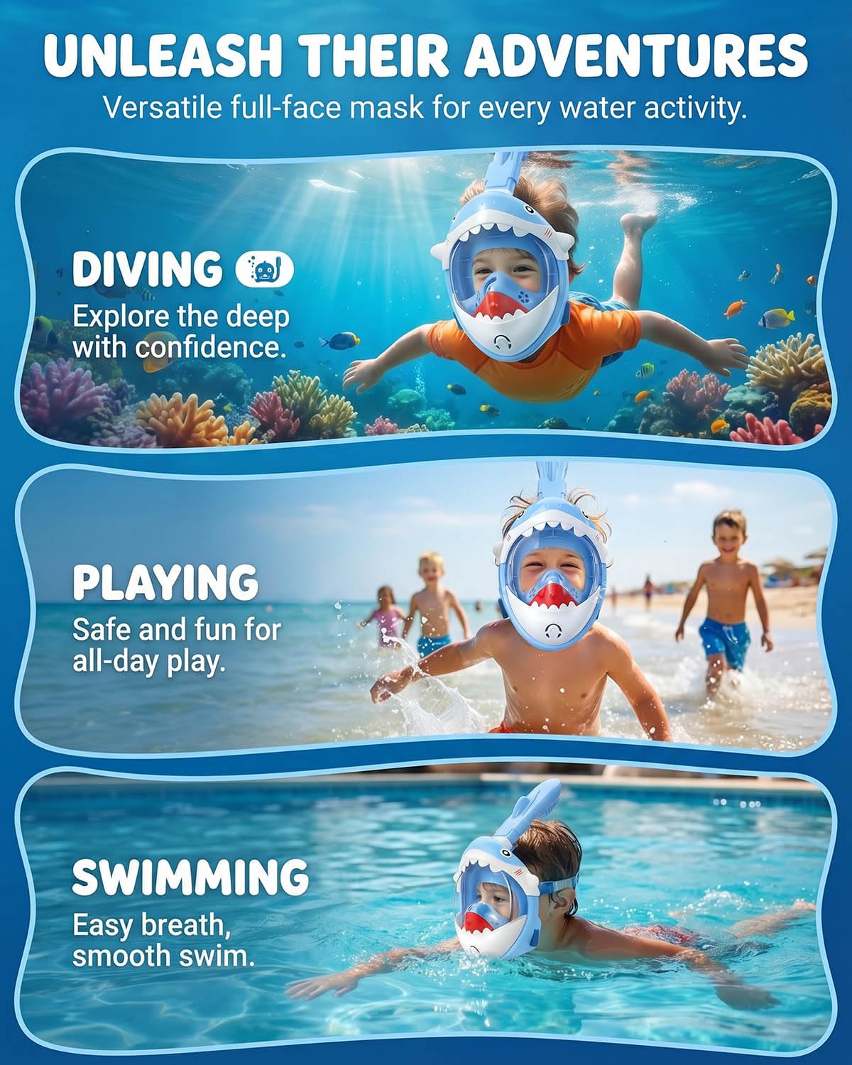 Maschera da snorkeling integrale per bambini, motivo squalo blu, progettata per bambini dai 5 ai 10 anni, visione ad alta definizione a 180°, anti-appannamento, anti-perdite e funzione Dry Top, per