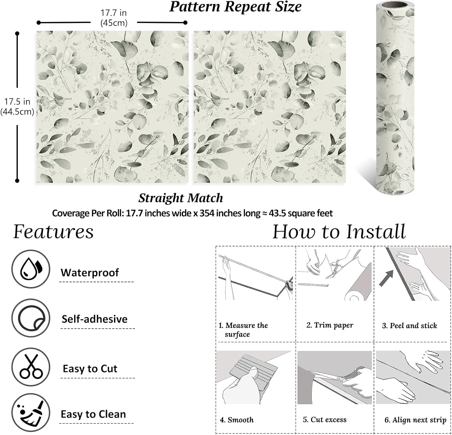 VEELIKE Breezy Eucalyptus Leaf Peel and Stick Wallpaper Boho Leaf Wallpaper for Bathroom Bedroom 17.7''x354'' Renter Friendly Removable Botanical Wall Paper Self Adhesive Contact Paper for Walls