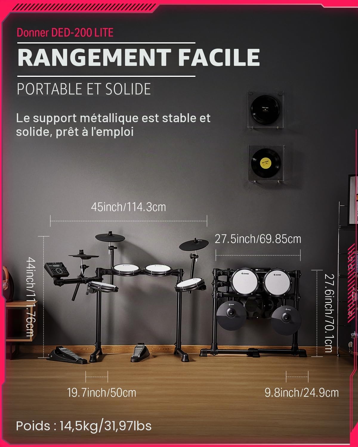 Donner DED-200Lite Batterie electronique pour débutants avec plus de 450 sons et 30 kits, MIDI USB, 4 pads silencieux en mesh, siège, casque, baguettes et 40 leçons mélodiques