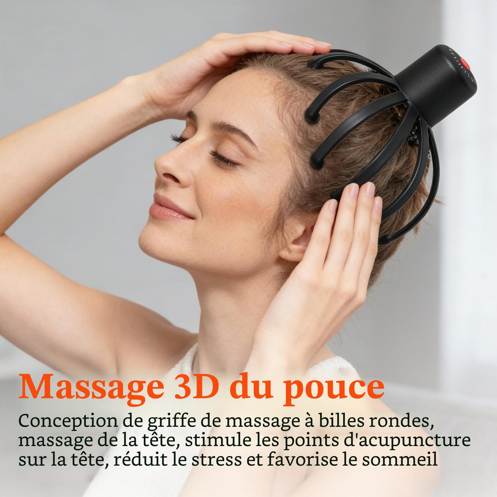 Masseur de tête électrique à 360° avec 3 modes, rechargeable sans fil, portable, pour la relaxation, le stress et la circulation sanguine, noir