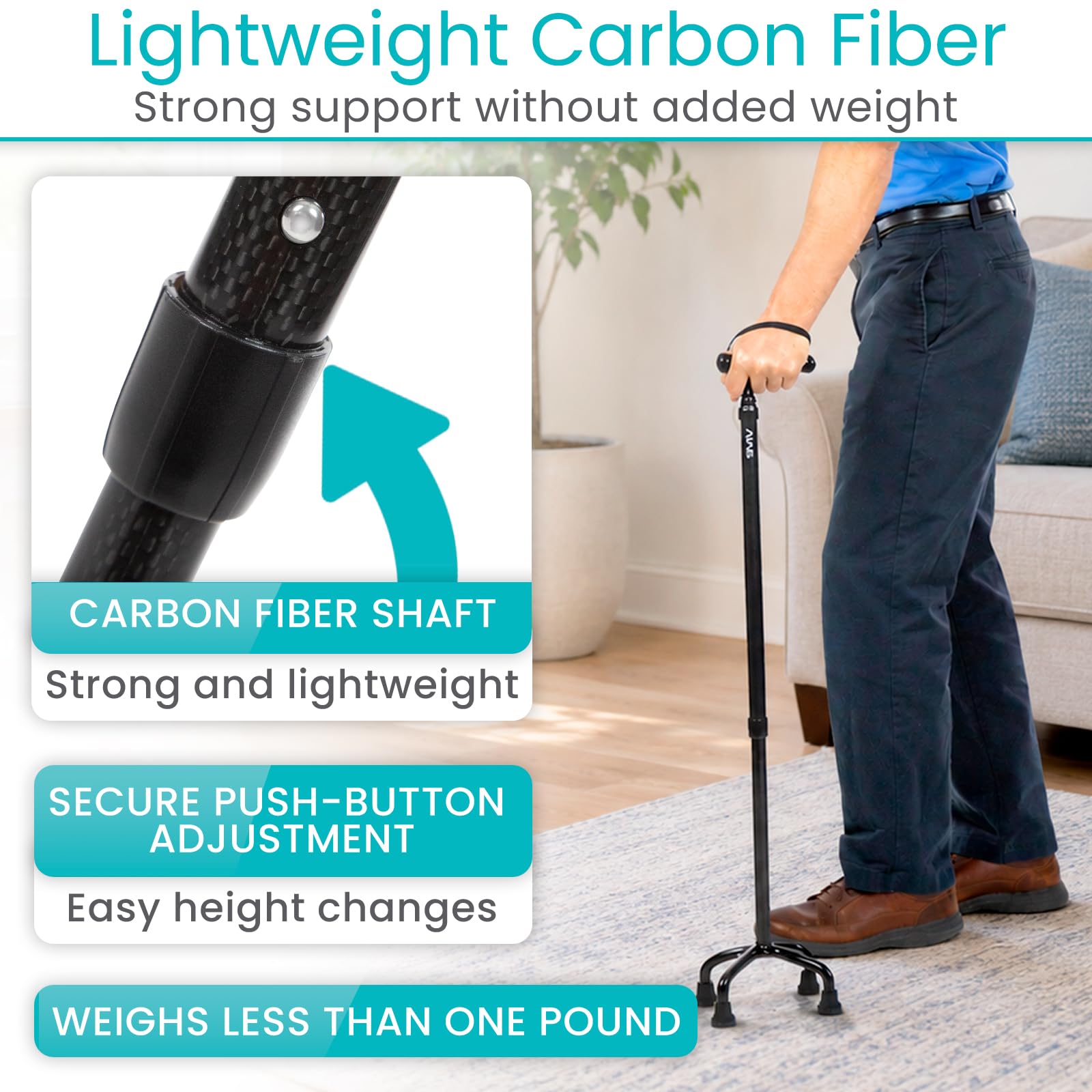 Vive Quad Cane - Bastón ligero de fibra de carbono para hombres y mujeres - Mango ergonómico ajustable - Puntas de goma antideslizantes de cuatro puntas para soporte de estabilidad derecha e izquierda
