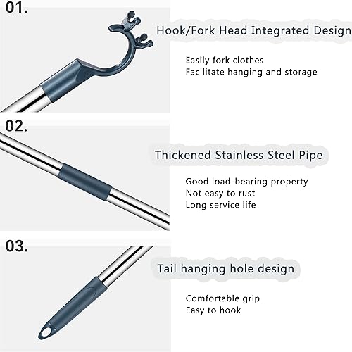 Miniatura 4 de Poste largo retráctil con gancho, poste telescópico de armario de 33 a 56 pulgadas, barra de alcance ajustable de Navidad para alcanzar la ropa,