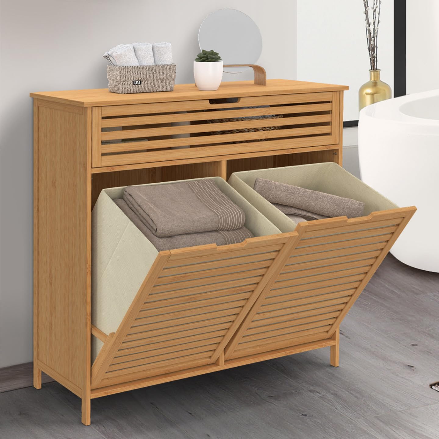 IDMarket BEA - Mueble de almacenamiento para cuarto de baño, 2 cestas de lavandería extraíbles, 1 cajón, tejido crudo