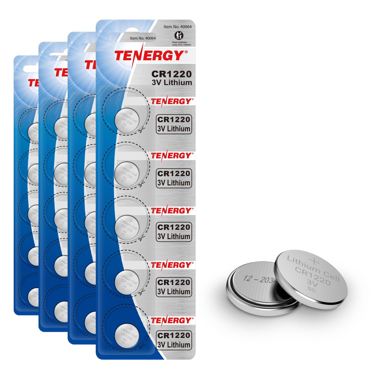 Tenergy CR1220 3V Lithium Button Cell Battery, for Keys, Watches, Accessories, 20 Count