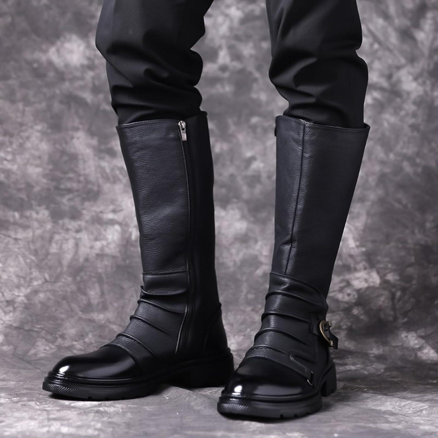 Men's Leather Side Zipper High-Top Chelsea Classic Round Toe Platform With Buckle Chunky Comfortable Casual Retro Horse Riding Hunting Daily Warm Activities Outdoor Motorcycle Boots