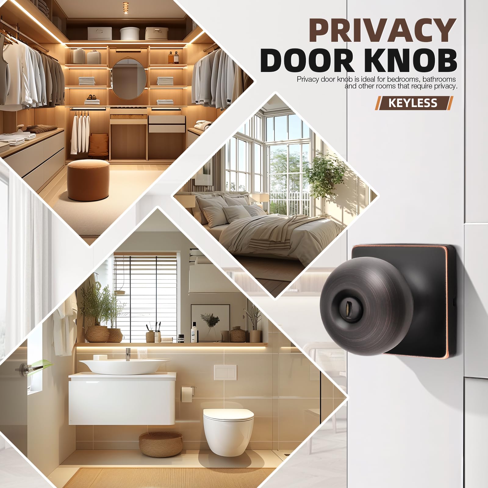 GOBEKOR Pack de 3 pomos de puerta de privacidad para interior de bronce aceitado sin llave, cuadrados, modernos pomos de puerta de acero inoxidable para dormitorio y baño