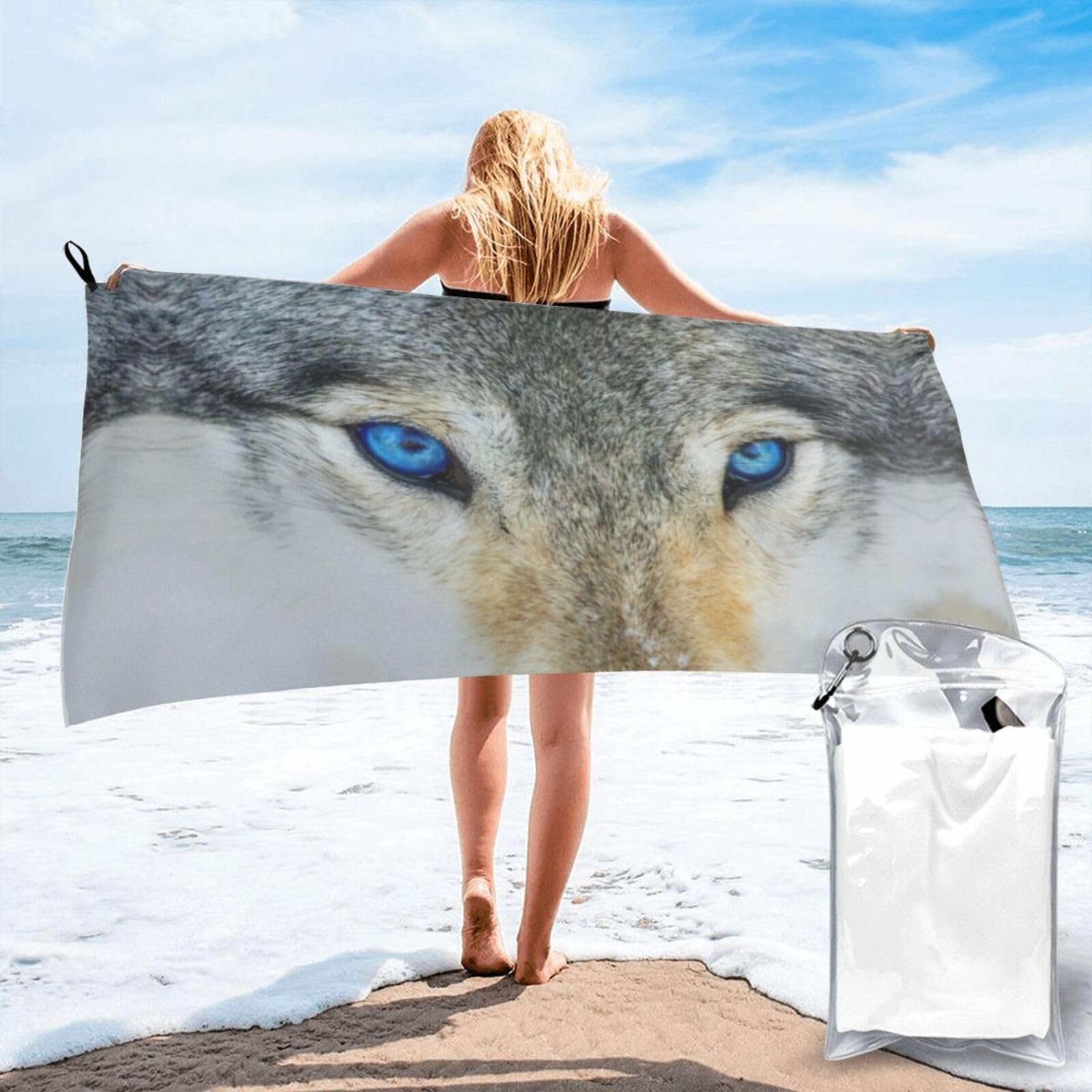 ENGhjes Blue Eyes Wolf Print Camping Towel Fast Drying Bath Beach Shower Wrap For Gym Camping Vacation Adults Portable Gift