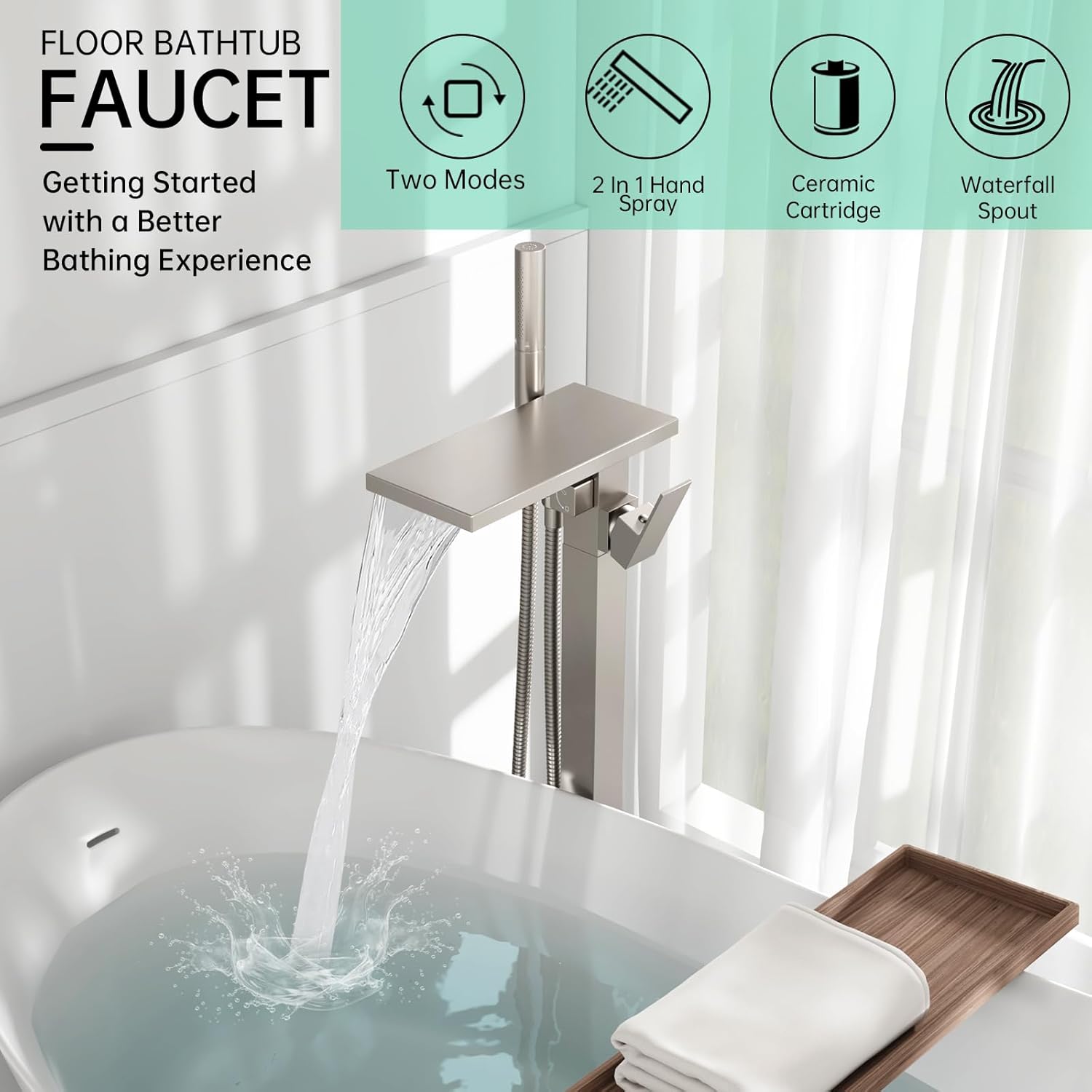 Hoimpro Floor Mount Bathtub Faucet Freestanding Waterfall Tub Filler, Brushed Nickel Single Handle High Flow Shower Faucets Mixer Bathroom Tub Faucets with 2 Function Hand Shower Wand