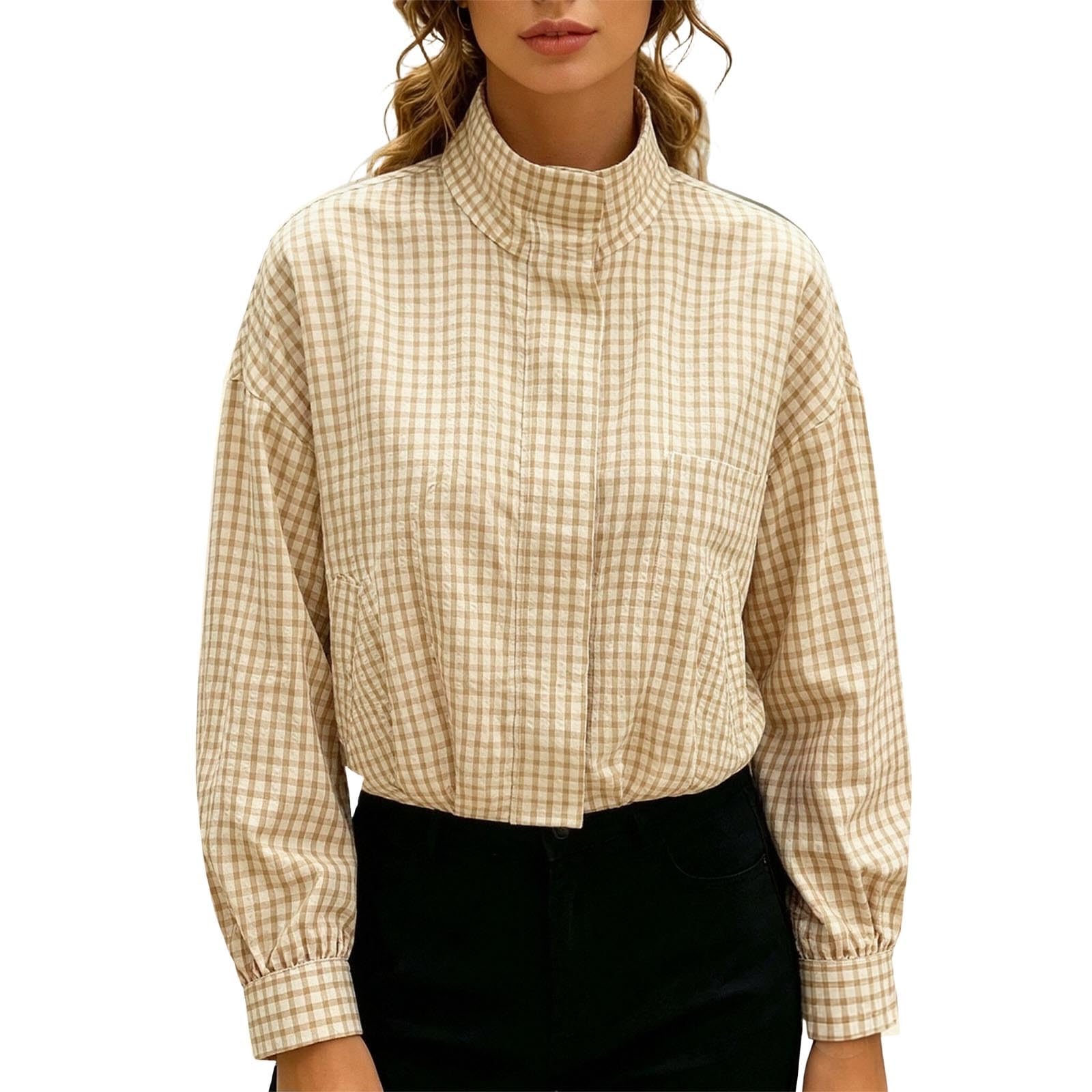 Women's Checked Bomber Jacket Stand-Up Collar Long Sleeve Flight Loose Cut Transition, Leisure Jacket For Autumn, Winter, Tops, Trendy Y2k Streetwear