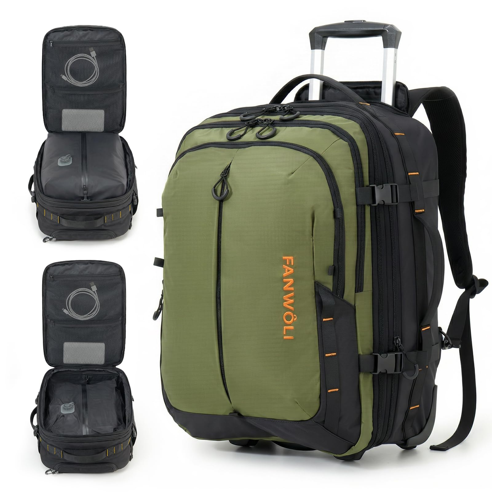 Fanwoli Rolling Vacuum Backpack Travel,One-Button Compression,Carry-On | 55L Expandable | 2-In-1 Design | Built-In Electric Pump | 16 Pockets | Water Resistant | Fits 18” Laptop