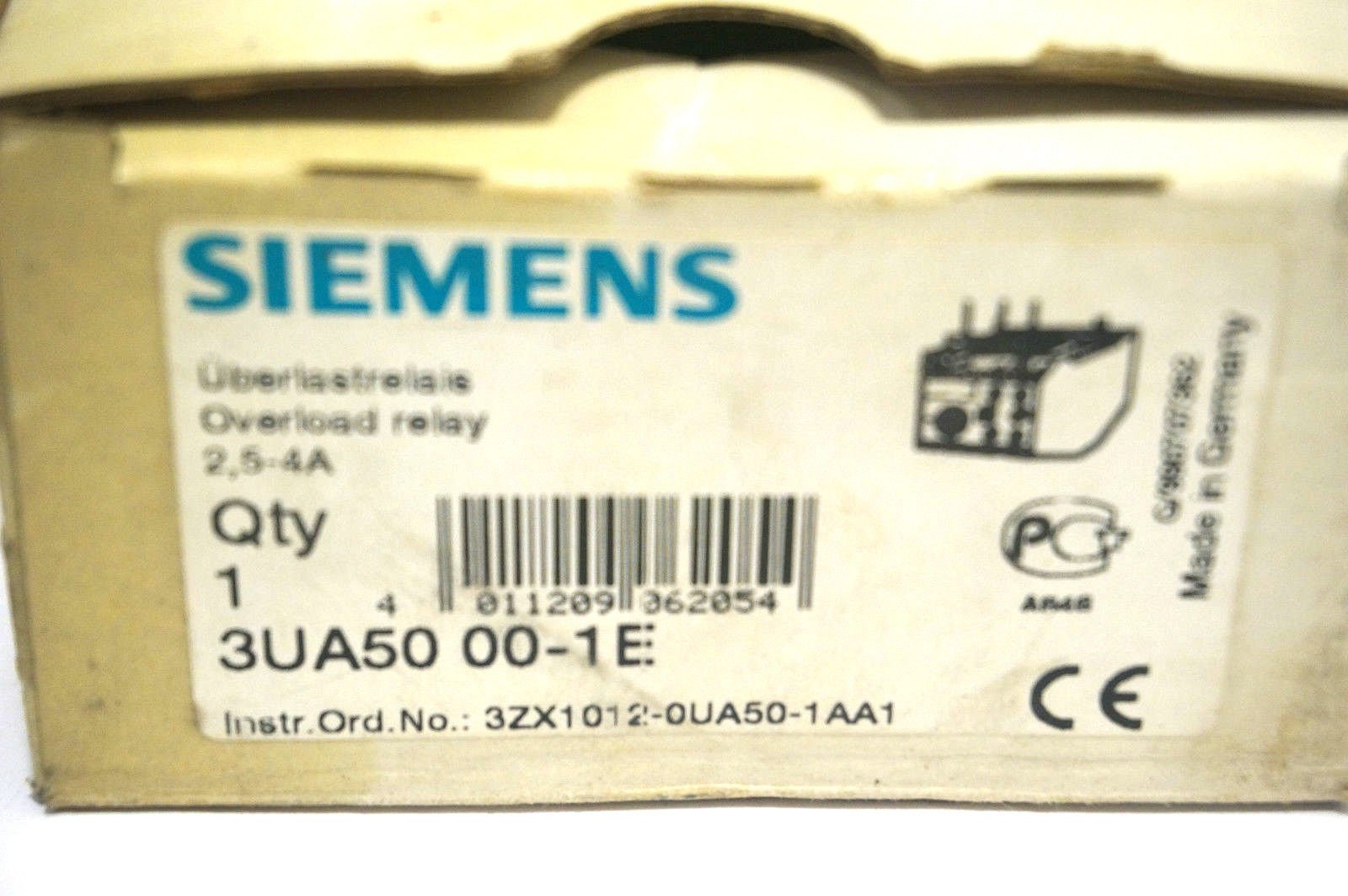 SIEMENS 3UA5000-1E Térmica. Relé de sobrecarga retardada f. Montaje en Cont./arrancadores Rango de Ajuste 2.5 a 4 A 1 NO + 1 NC, Blanco