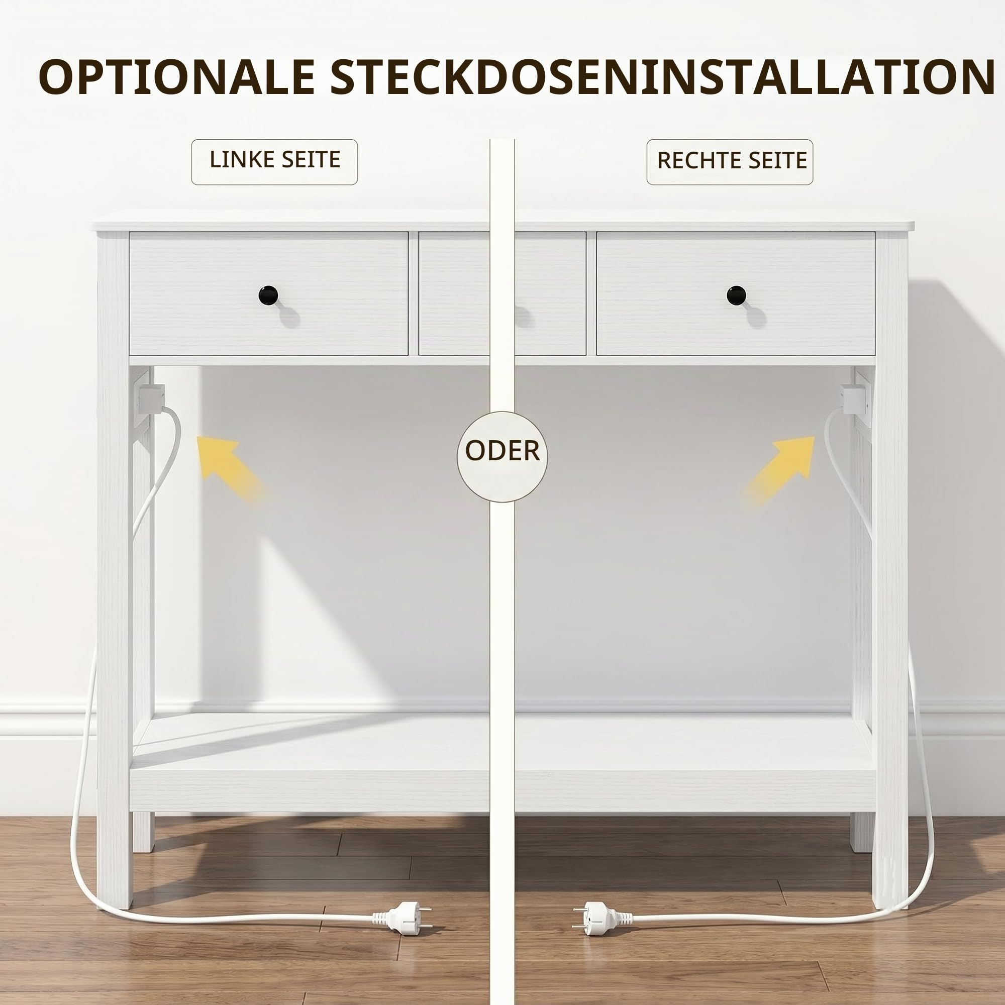 Xbro Schmaler Konsolentisch mit Steckdosenleiste, Flurtisch mit 3 Schubladen und Ablage, Beistelltisch mit USB-Anschlüssen, Sofatisch für Flur, Wohnzimmer, Küche, 130 x 30 x 80 cm, Weiß