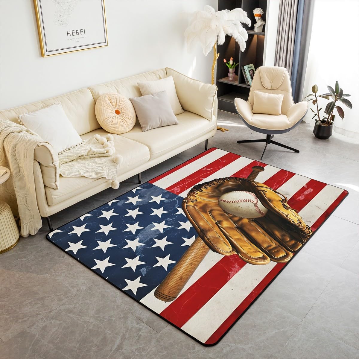 Kids Baseball Area Rug 3x5 Sports Theme Living Room Rugs for Boys Girls Room Decorations Baseball Games Decorative Carpet Retro American Flag Retro