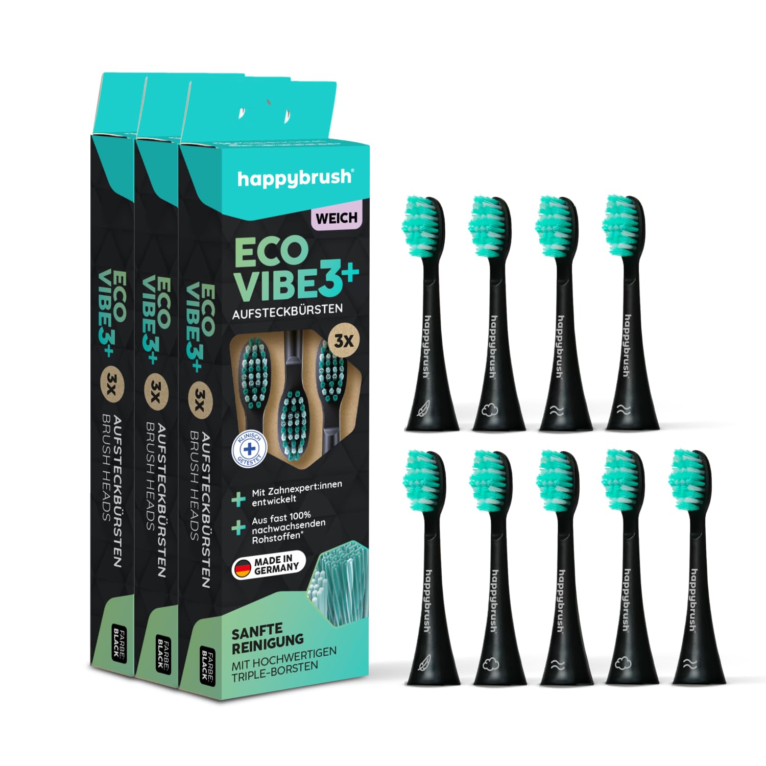happybrush® Cabezales sostenibles para cepillo de dientes eléctrico sónico Eco Vibe 3 – negro/menta – suave – 3 unidades