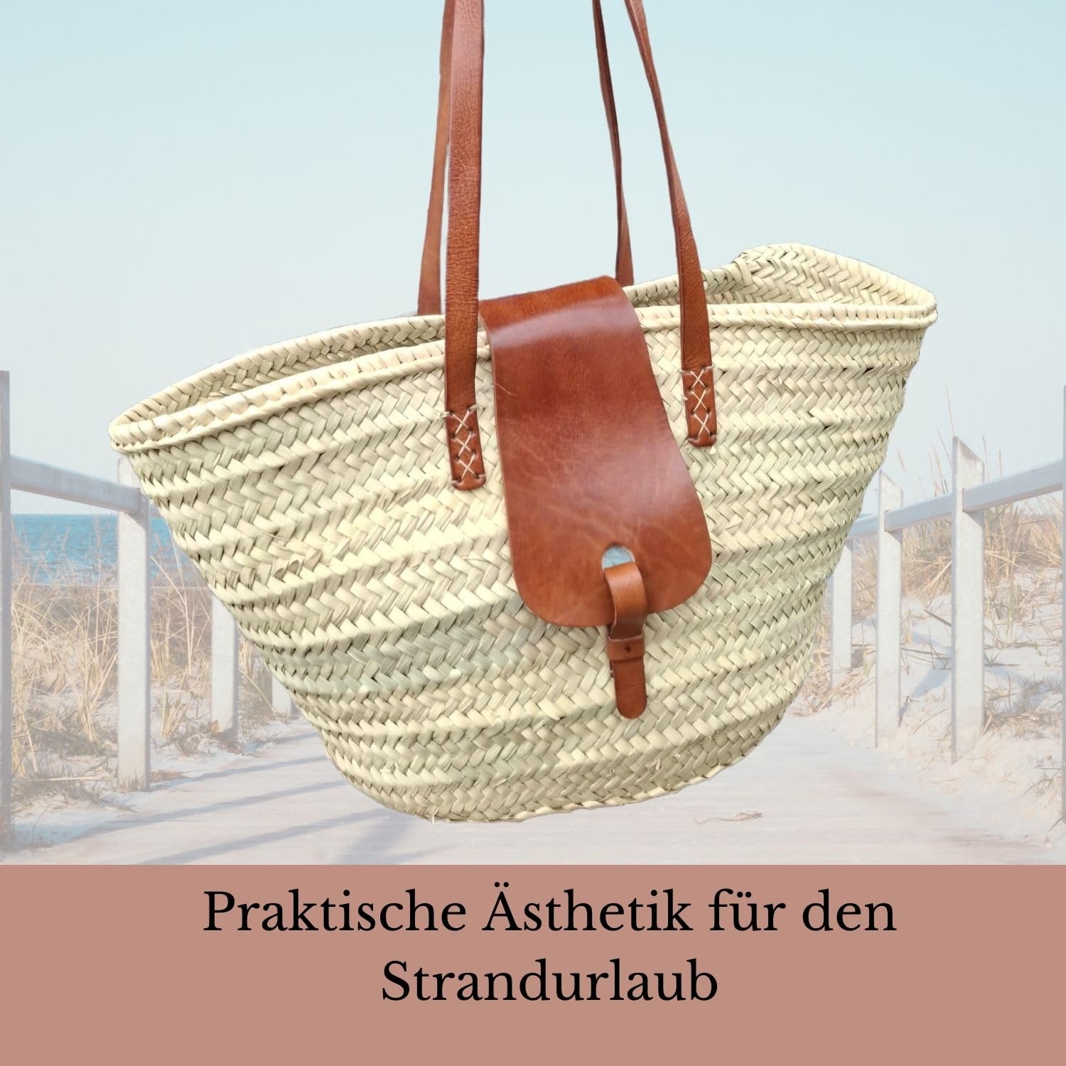 Ibiza Korbtasche Solana modern aus Palmblatt und Leder in Natur 50 cm