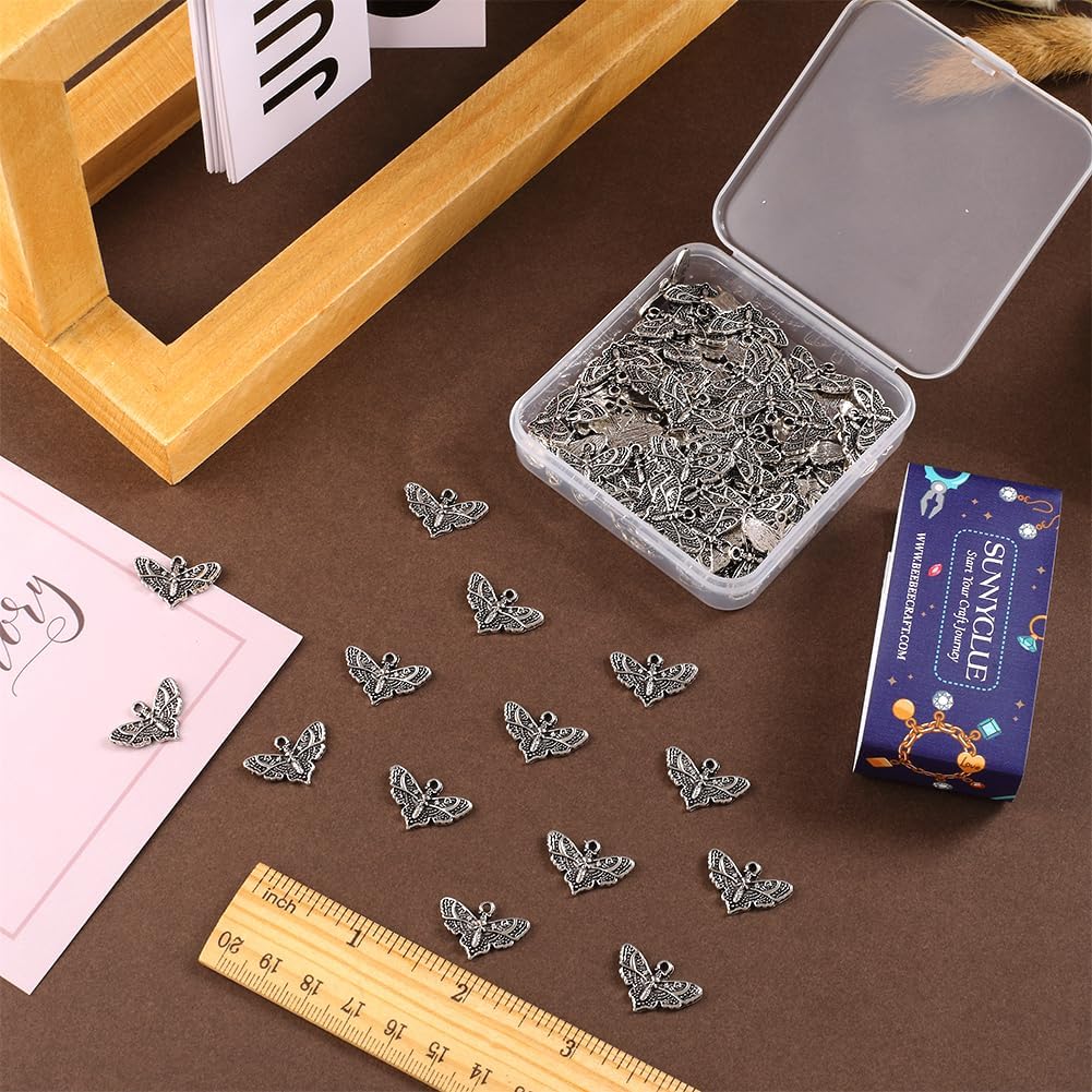 SUNNYCLUE 1 Box 100Pcs Moth Charm Bulk Gothic Halloween Charms Antique Silver Tibetan Alloy Skull Skeleton Head Flying Insect Charm for Jewelry Making Charms DIY Bracelet Earrings Beginners Women - Image 3