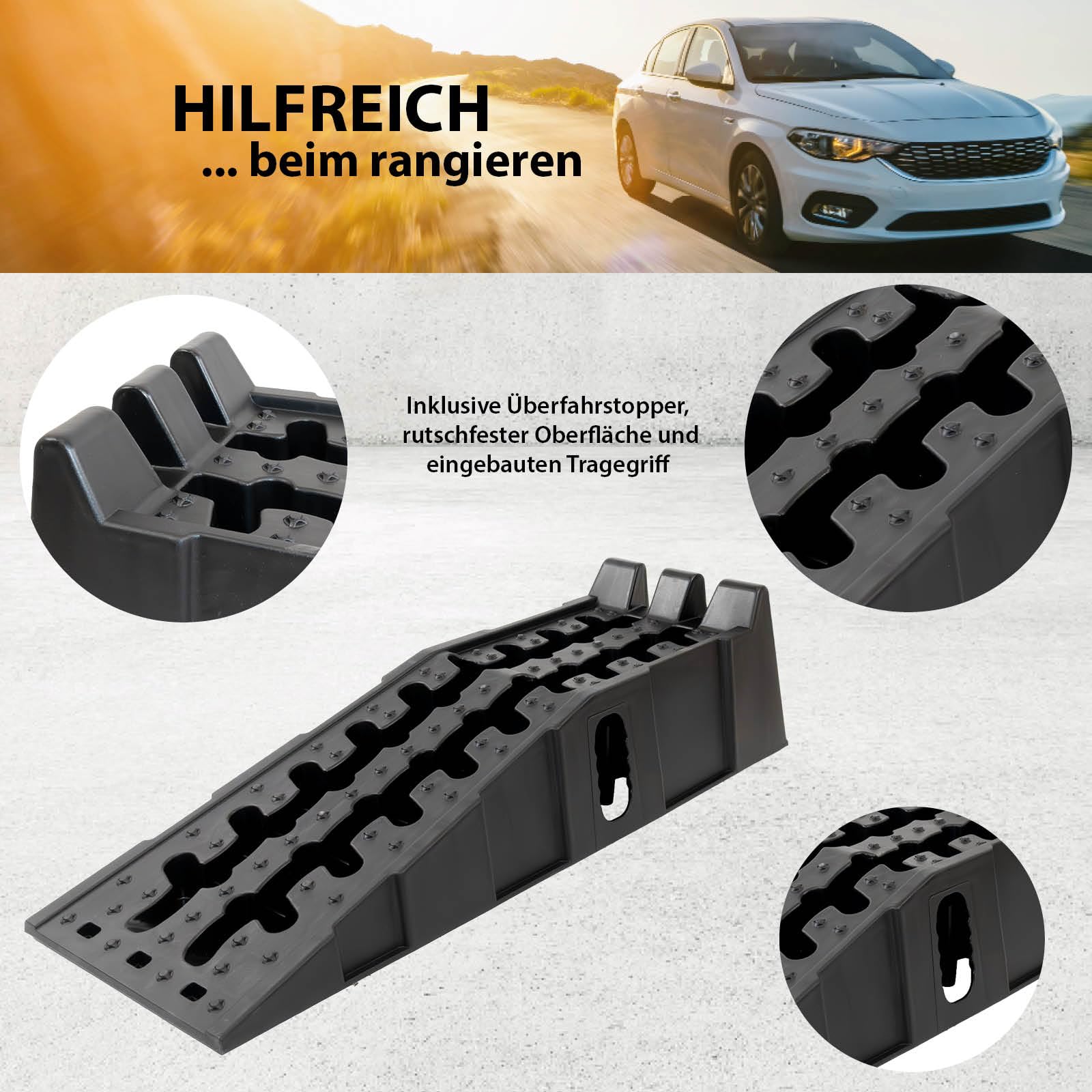 TRUTZHOLM 2 x Auffahrrampe Auffahrkeil mit Überfahrstopper 90 x 30 x 21,5 cm hochbelastbar 5t Traglast Kunststoff Stapelbar für Wohnmbil PKW SUV rutschfeste Rampe für jeden Untergrund schwarz