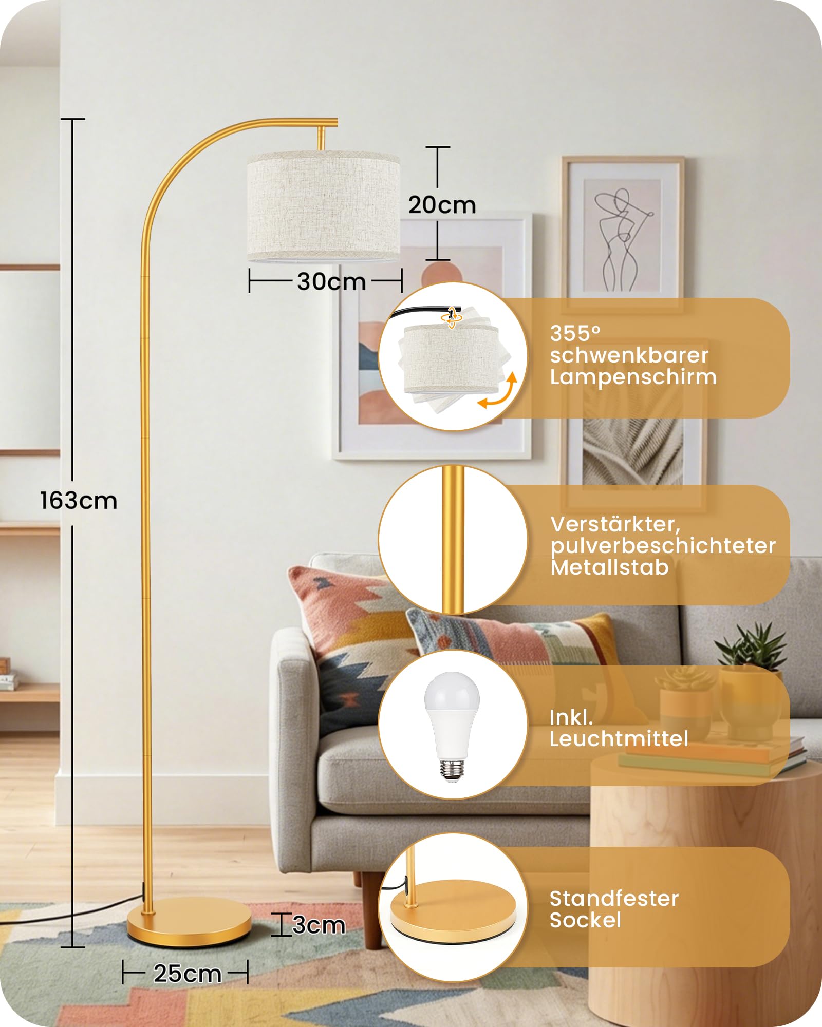 Dimmbare Stehlampe Leinen, Schwarz, Stehleuchte Fernbedienung | Wohnzimmerlampe mit Memory-Funktion und universell drehbarem Lampenkopf, E27, für Schlafzimmer, Wohnzimmer ZDE32LDD05